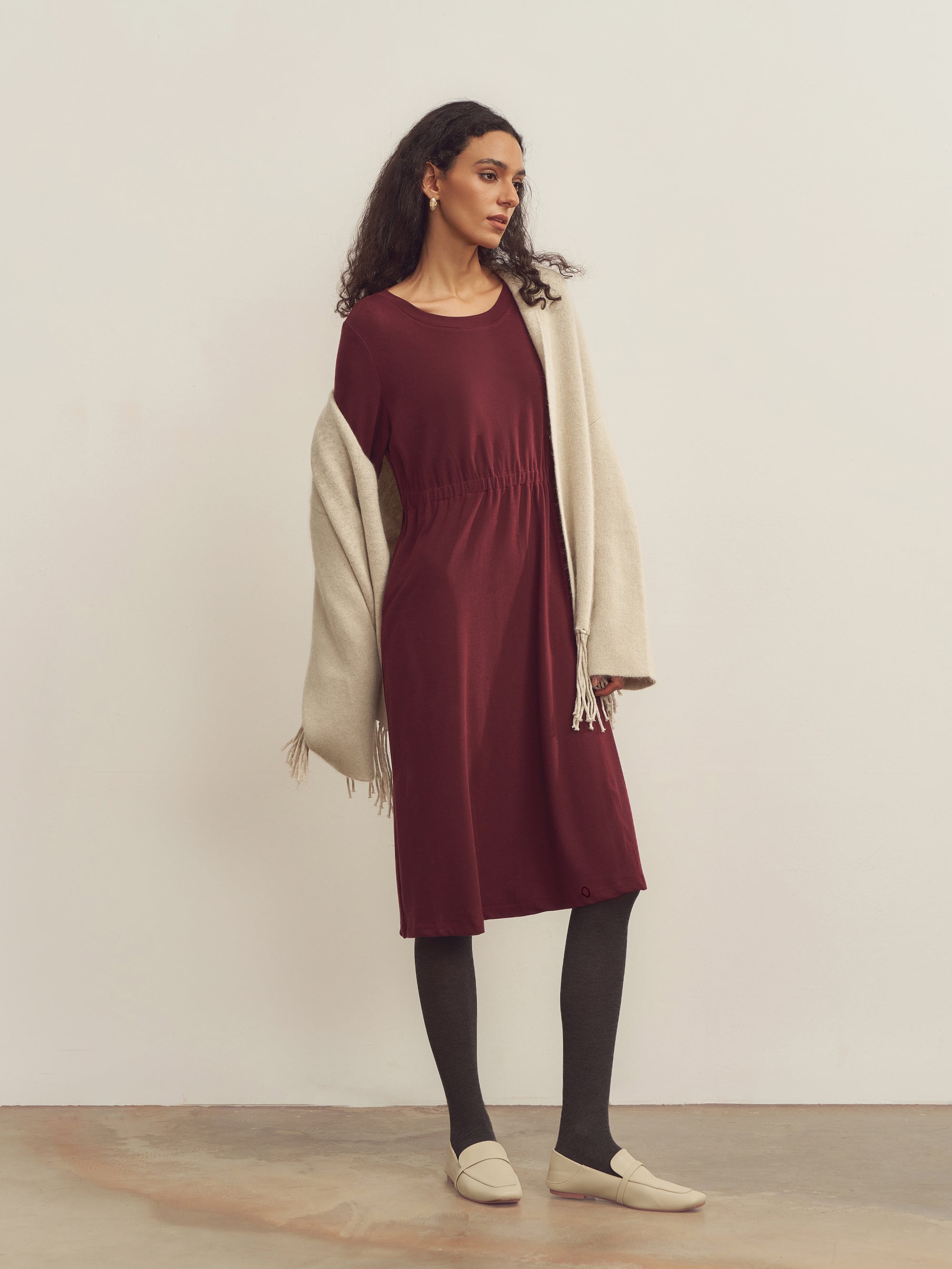 Merino Wool Waist Shirring-Detail Dress Merino Wool Waist Shirring-Detail Dress
