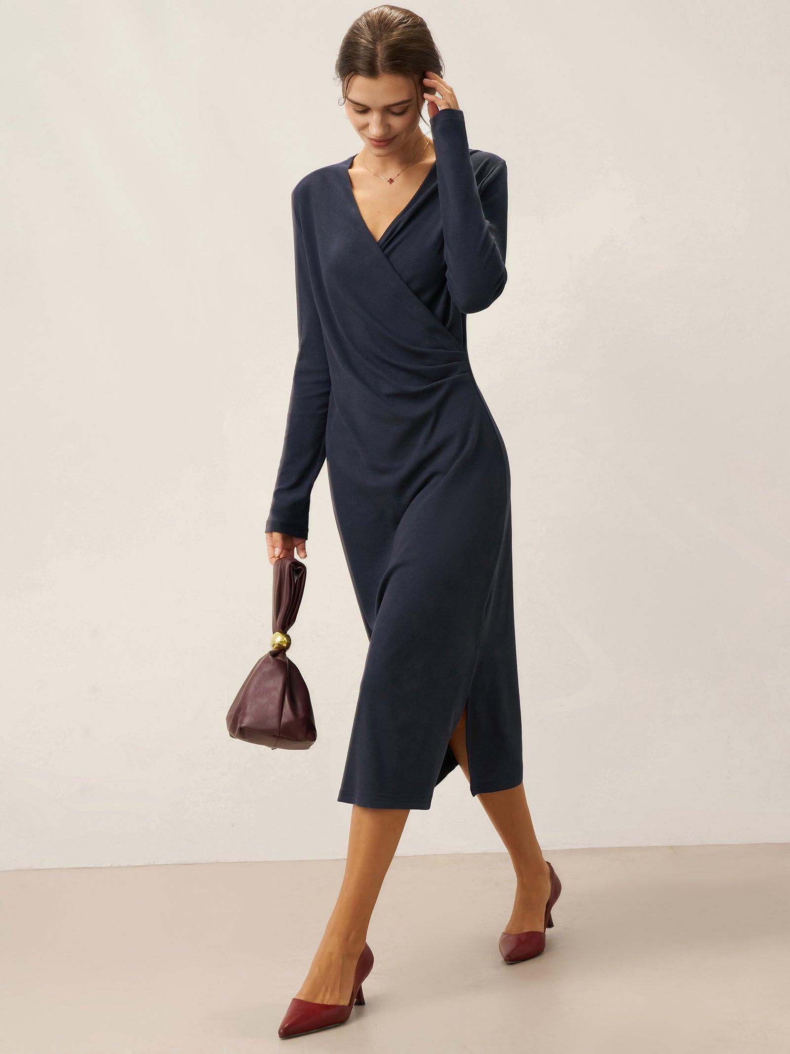Linen Crossover V-Neck Wrap Stretch Midi Dress MARNIE Linen Crossover V-Neck Wrap Stretch Midi Dress MARNIE