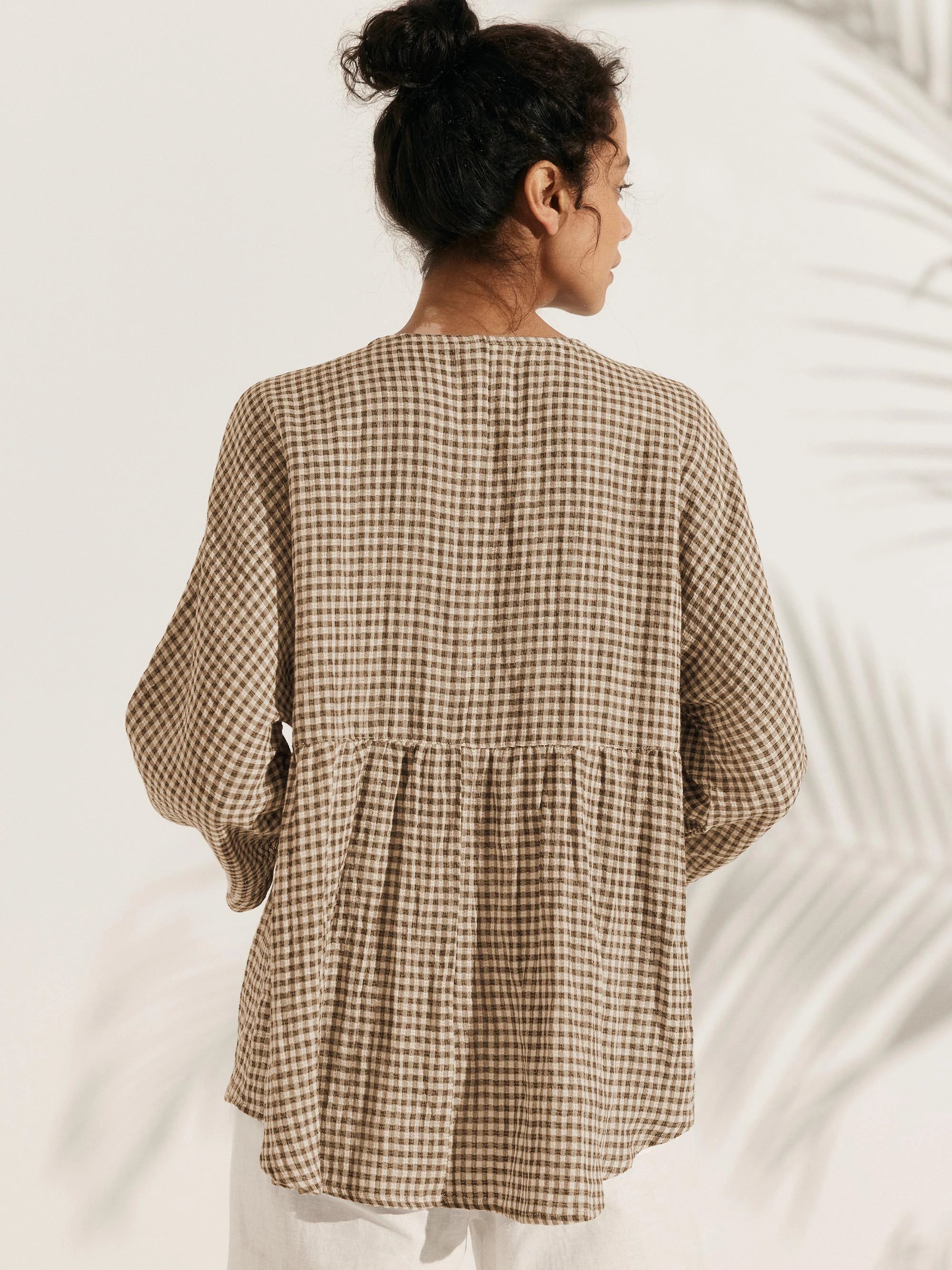 Linen Checked Long-Sleeved Top CAROLINE Linen Checked Long-Sleeved Top CAROLINE