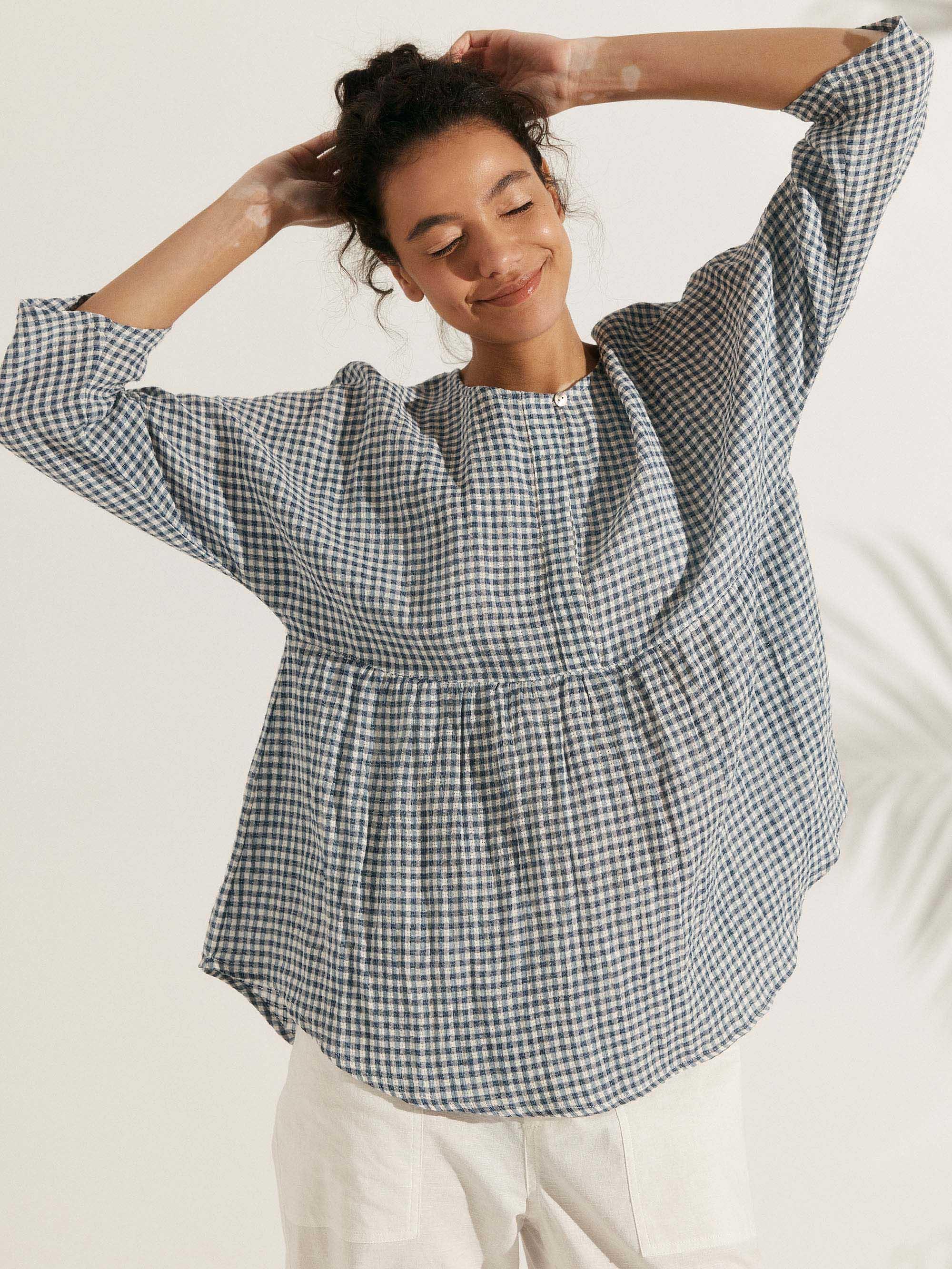 Linen Checked Long-Sleeved Top CAROLINE Linen Checked Long-Sleeved Top CAROLINE