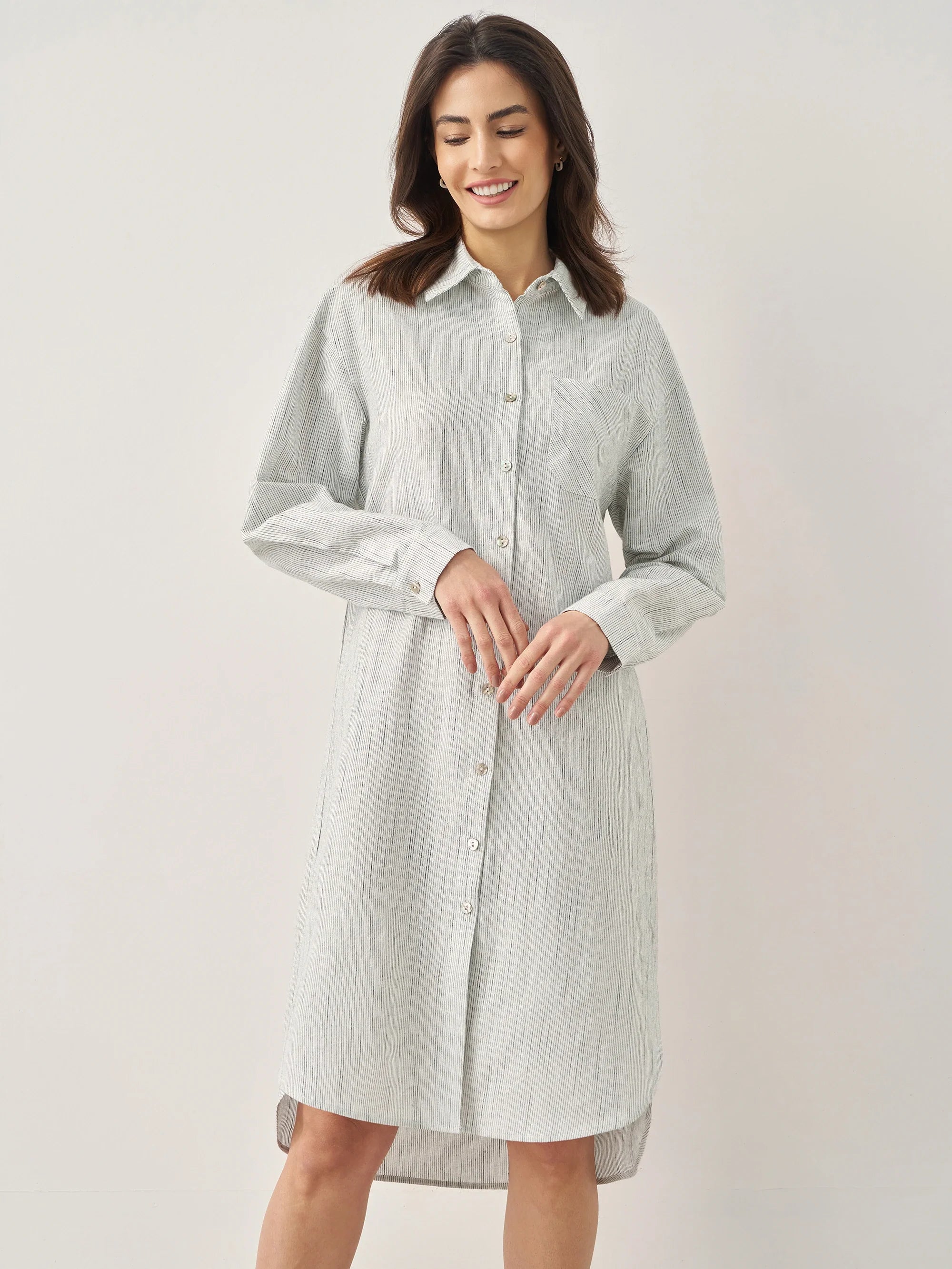 Linen Button-Front Artistic Stripe Shirt Dress JULIA Linen Button-Front Artistic Stripe Shirt Dress JULIA