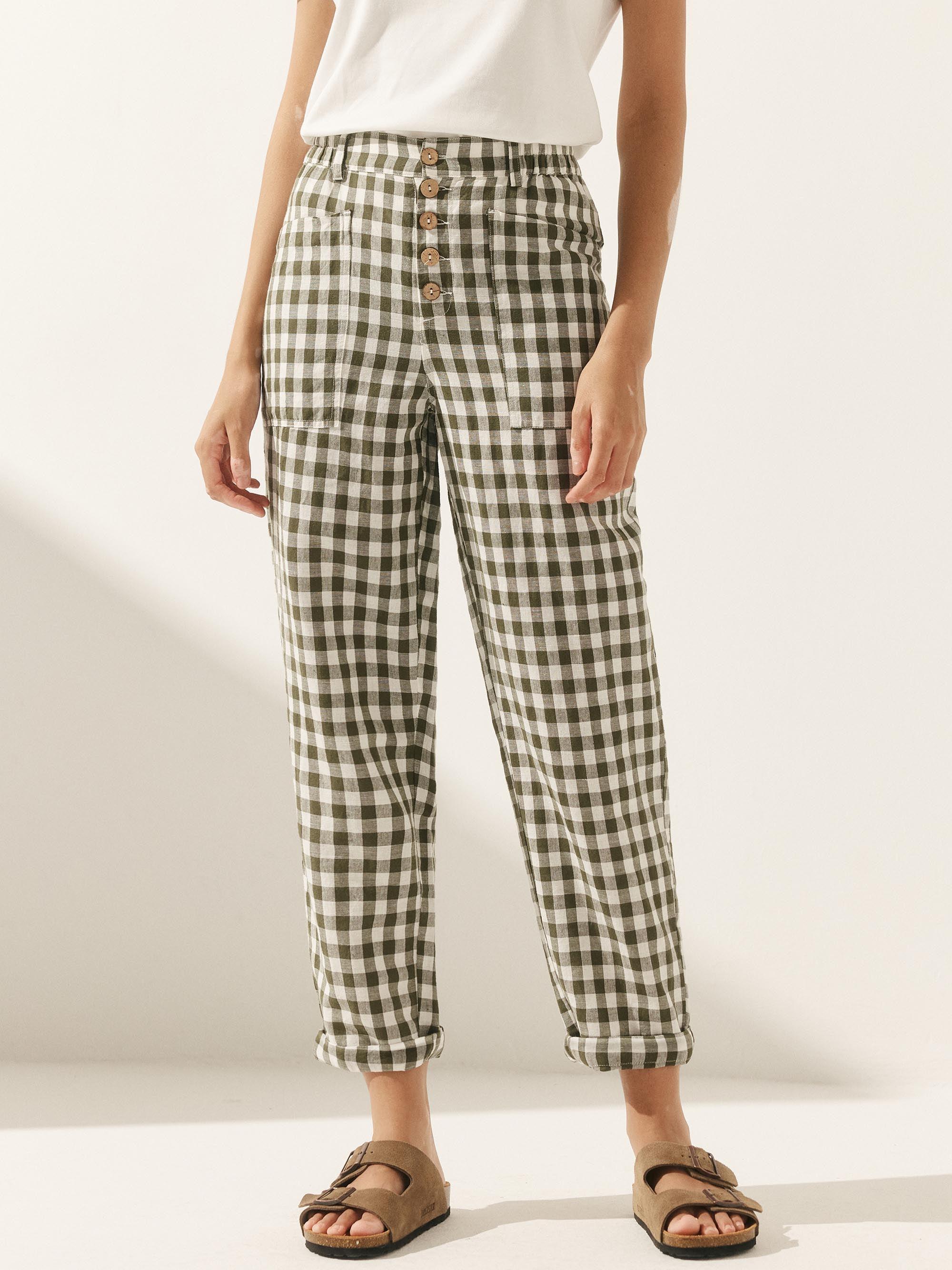 Linen Simple Checked Button Fly Trousers HEIDI Linen Simple Checked Button Fly Trousers HEIDI