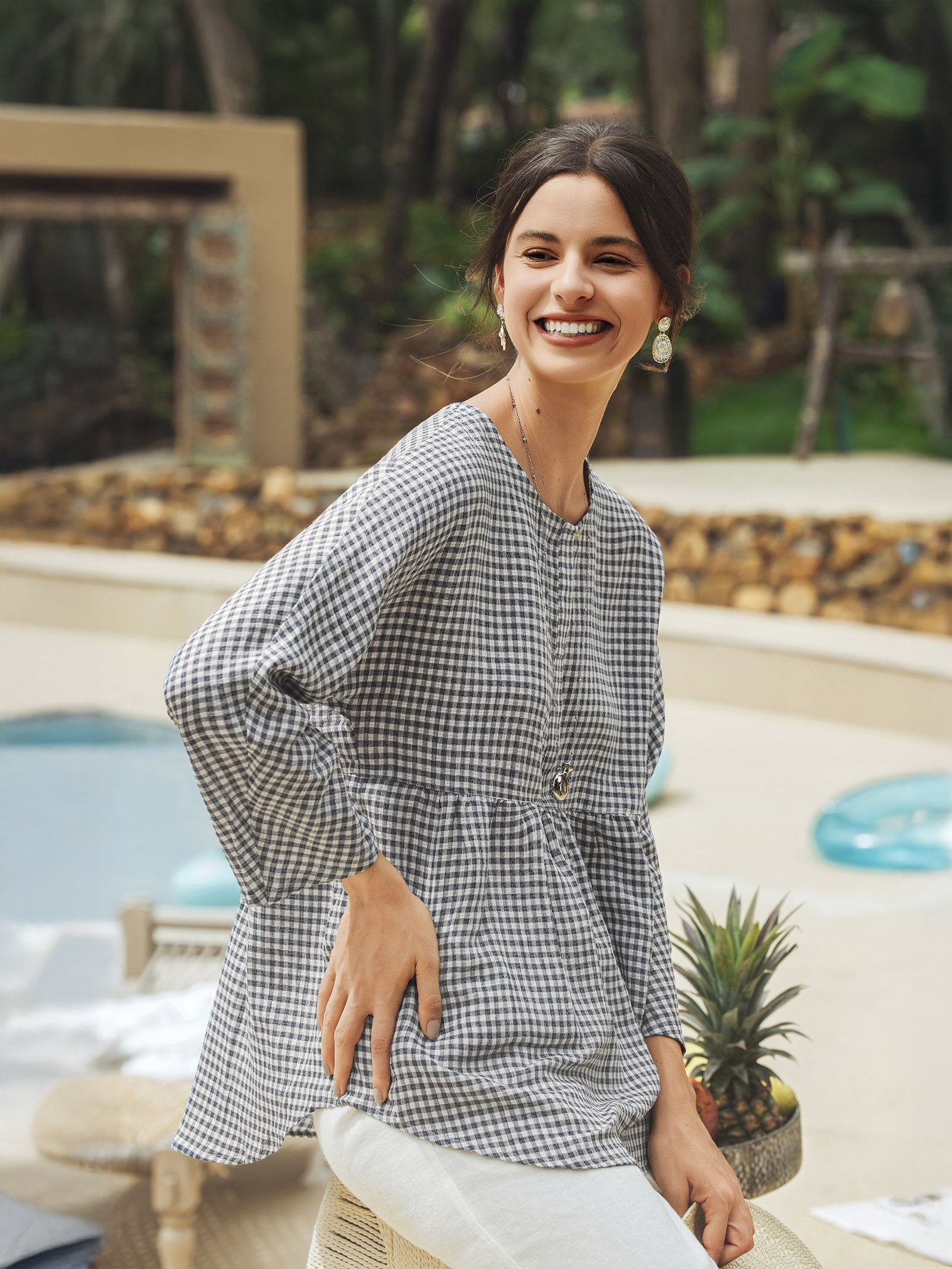 Linen Checked Long-Sleeved Top CAROLINE Linen Checked Long-Sleeved Top CAROLINE