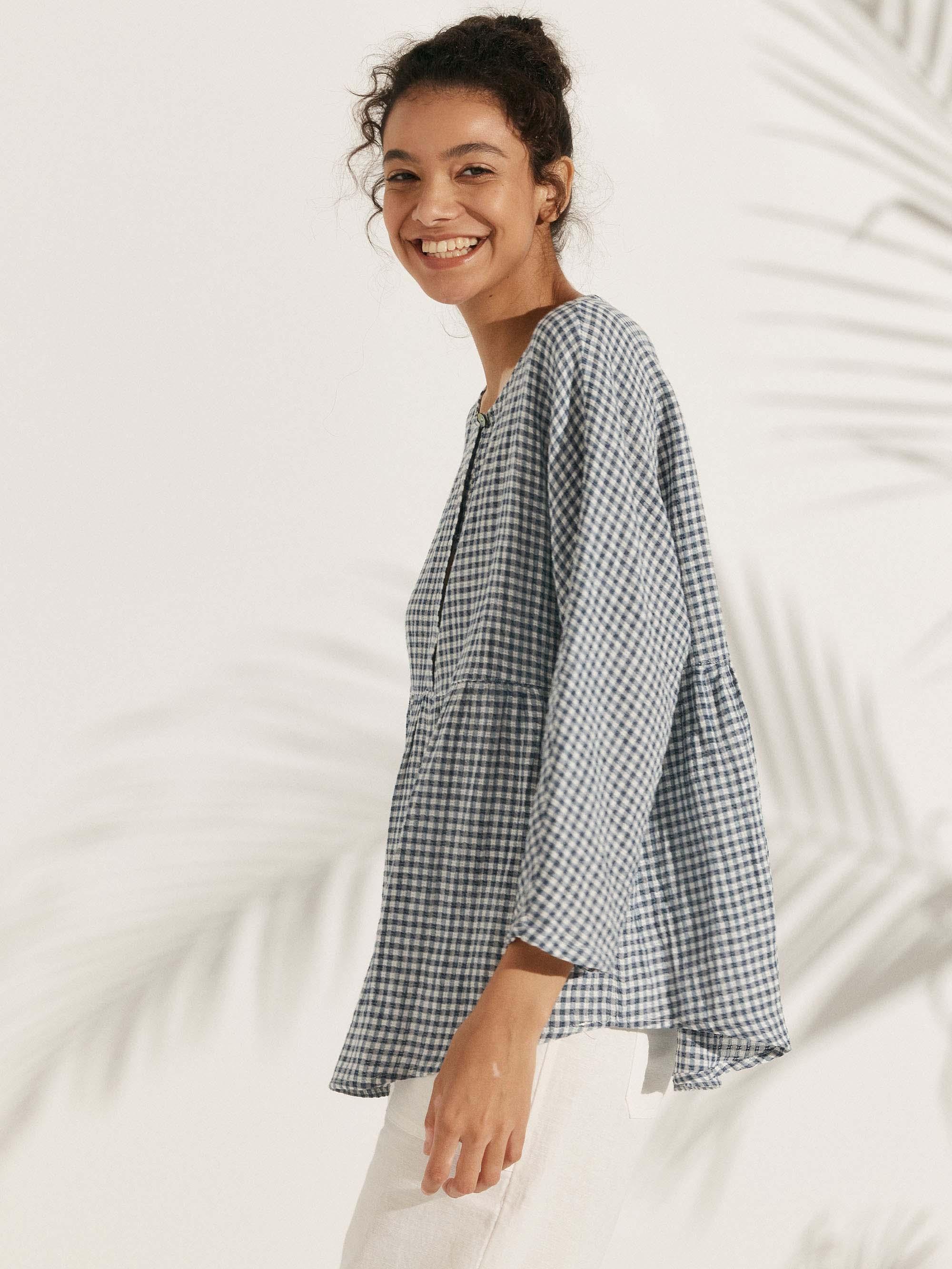 Linen Checked Long-Sleeved Top CAROLINE Linen Checked Long-Sleeved Top CAROLINE