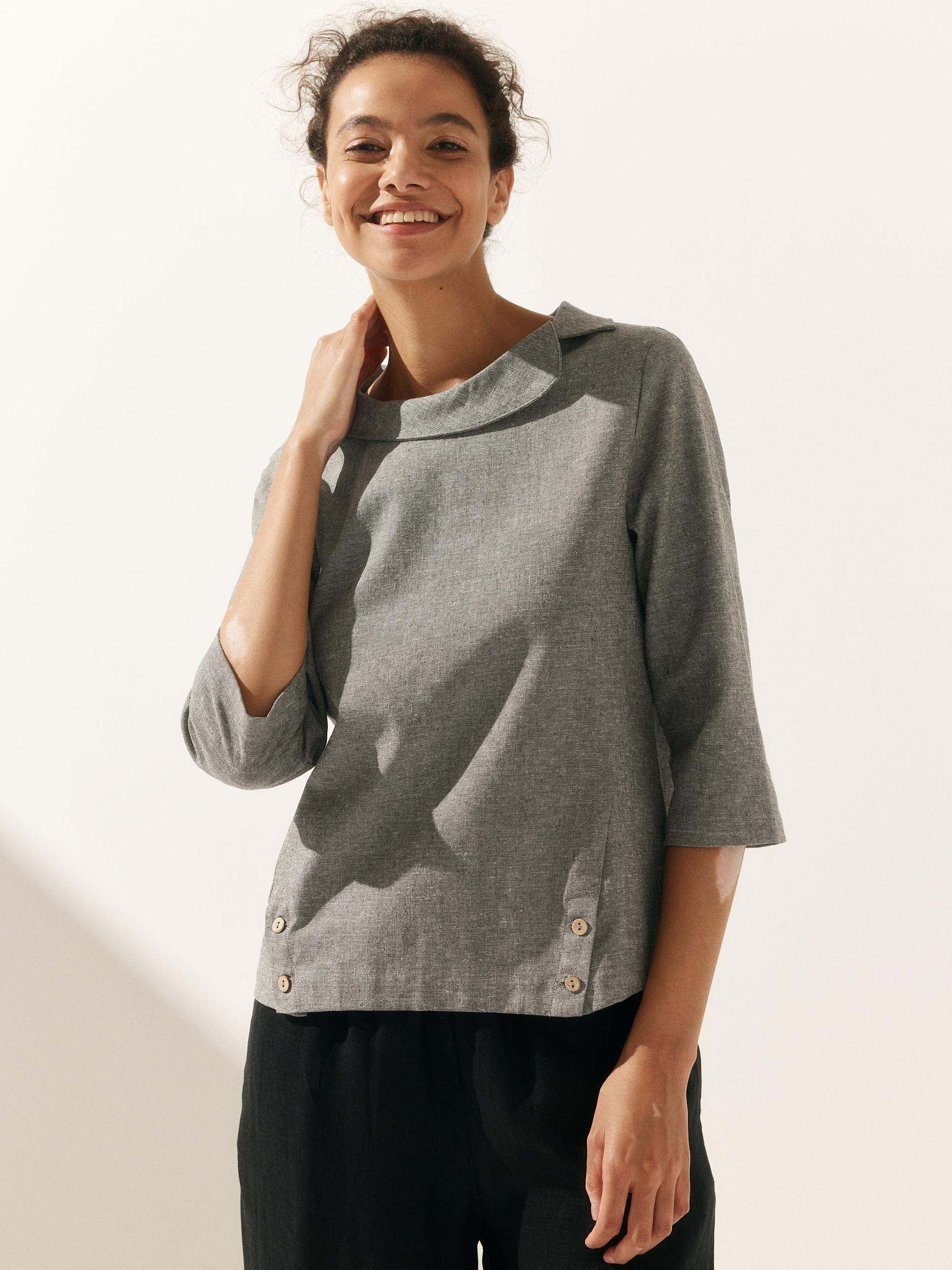 Linen Gingham Checked Round Soft-Fold Collar Top LAURA Linen Gingham Checked Round Soft-Fold Collar Top LAURA