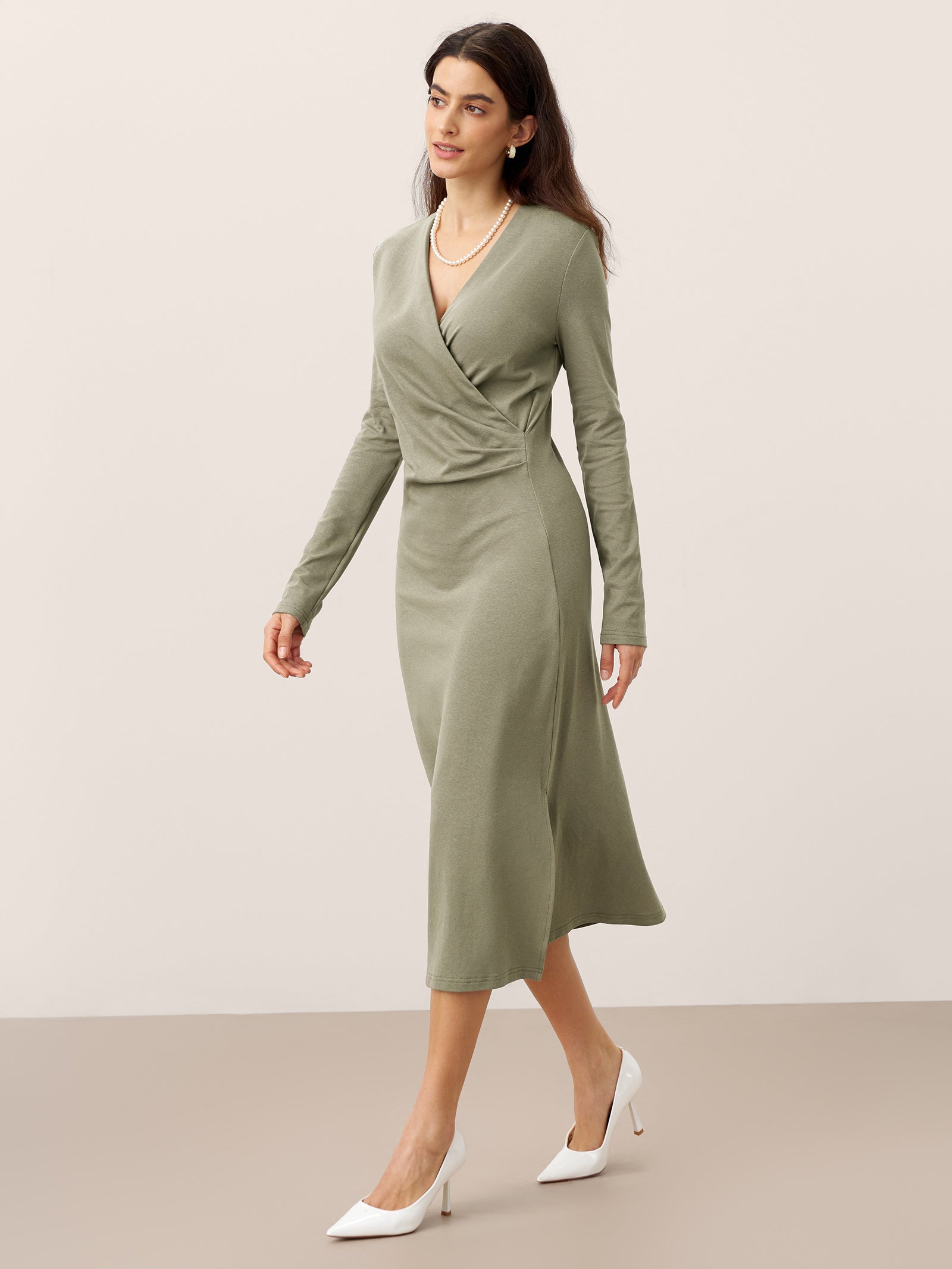 Linen Crossover V-Neck Wrap Stretch Midi Dress MARNIE Linen Crossover V-Neck Wrap Stretch Midi Dress MARNIE