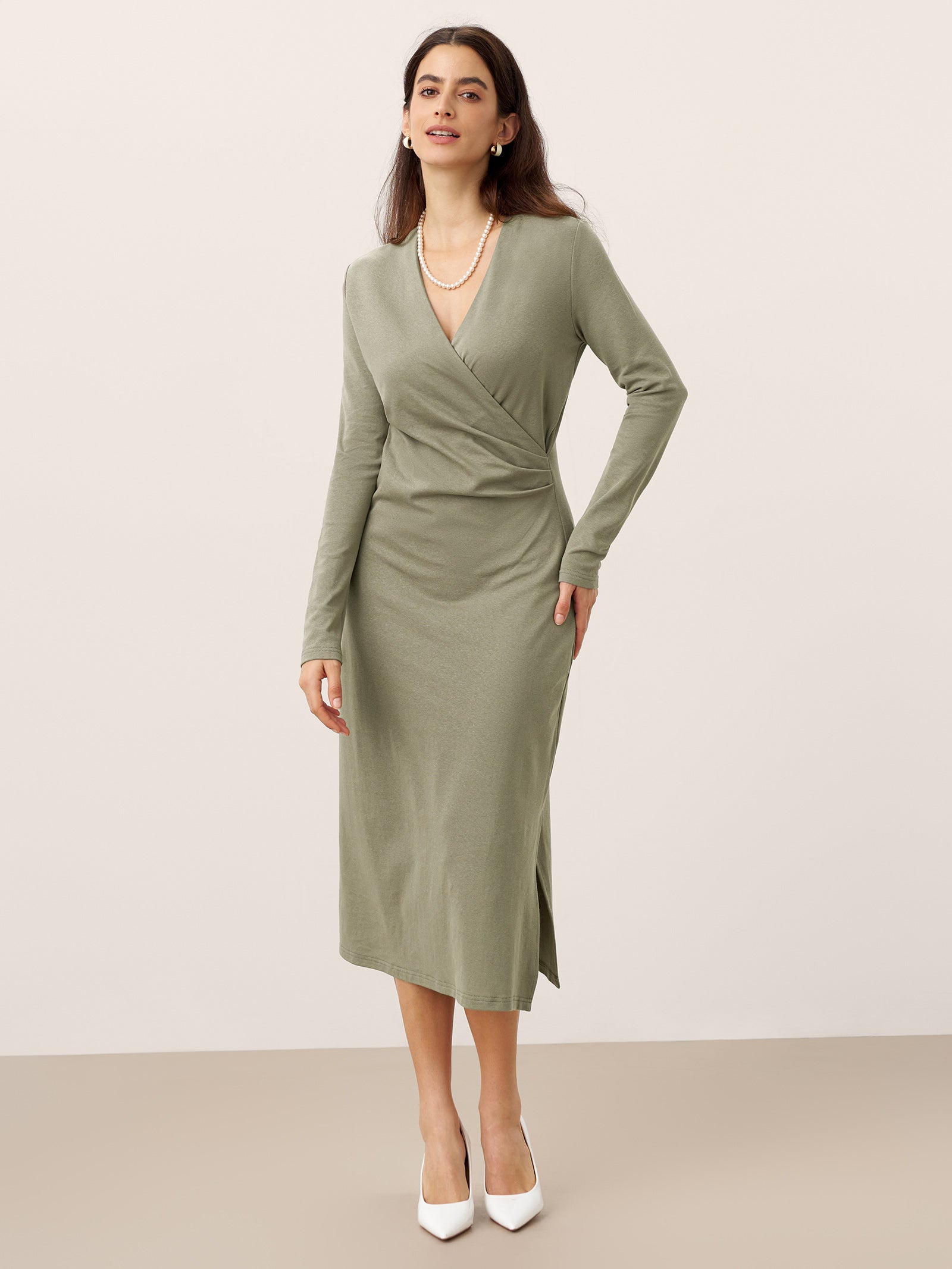 Linen Crossover V-Neck Wrap Stretch Midi Dress MARNIE Linen Crossover V-Neck Wrap Stretch Midi Dress MARNIE