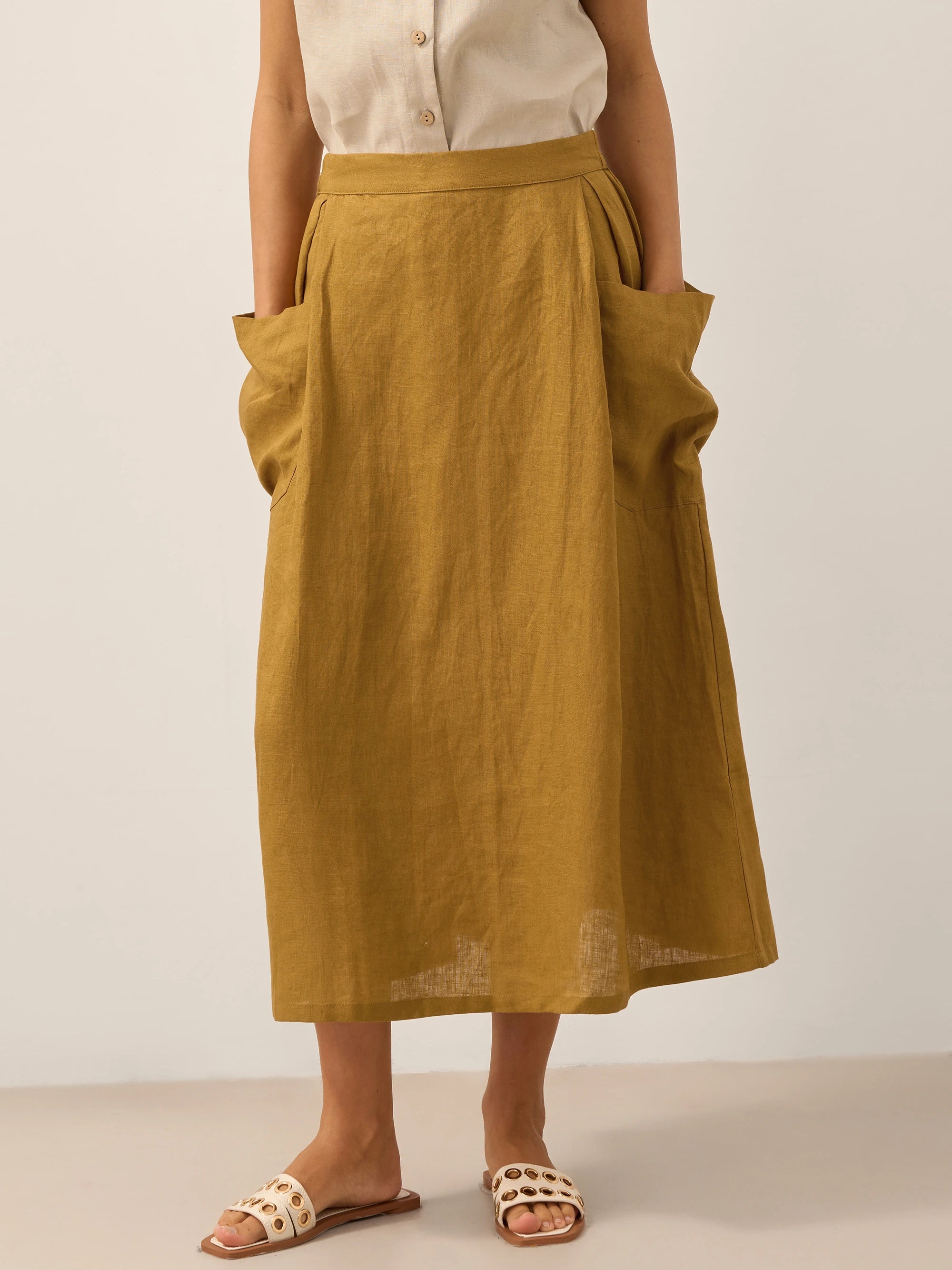 Linen Checked Elastic Waist Skirt ONYX Linen Checked Elastic Waist Skirt ONYX