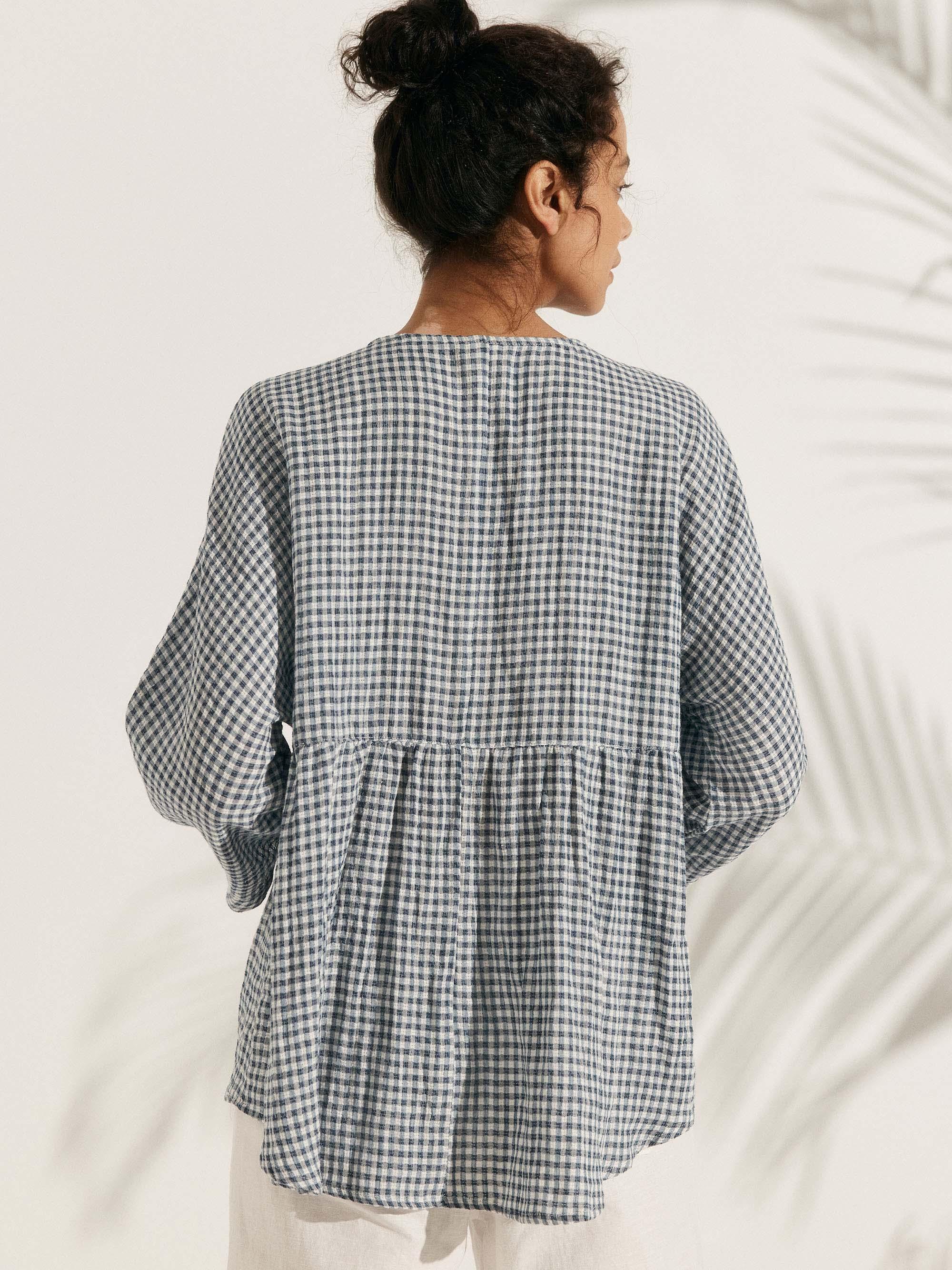 Linen Checked Long-Sleeved Top CAROLINE Linen Checked Long-Sleeved Top CAROLINE