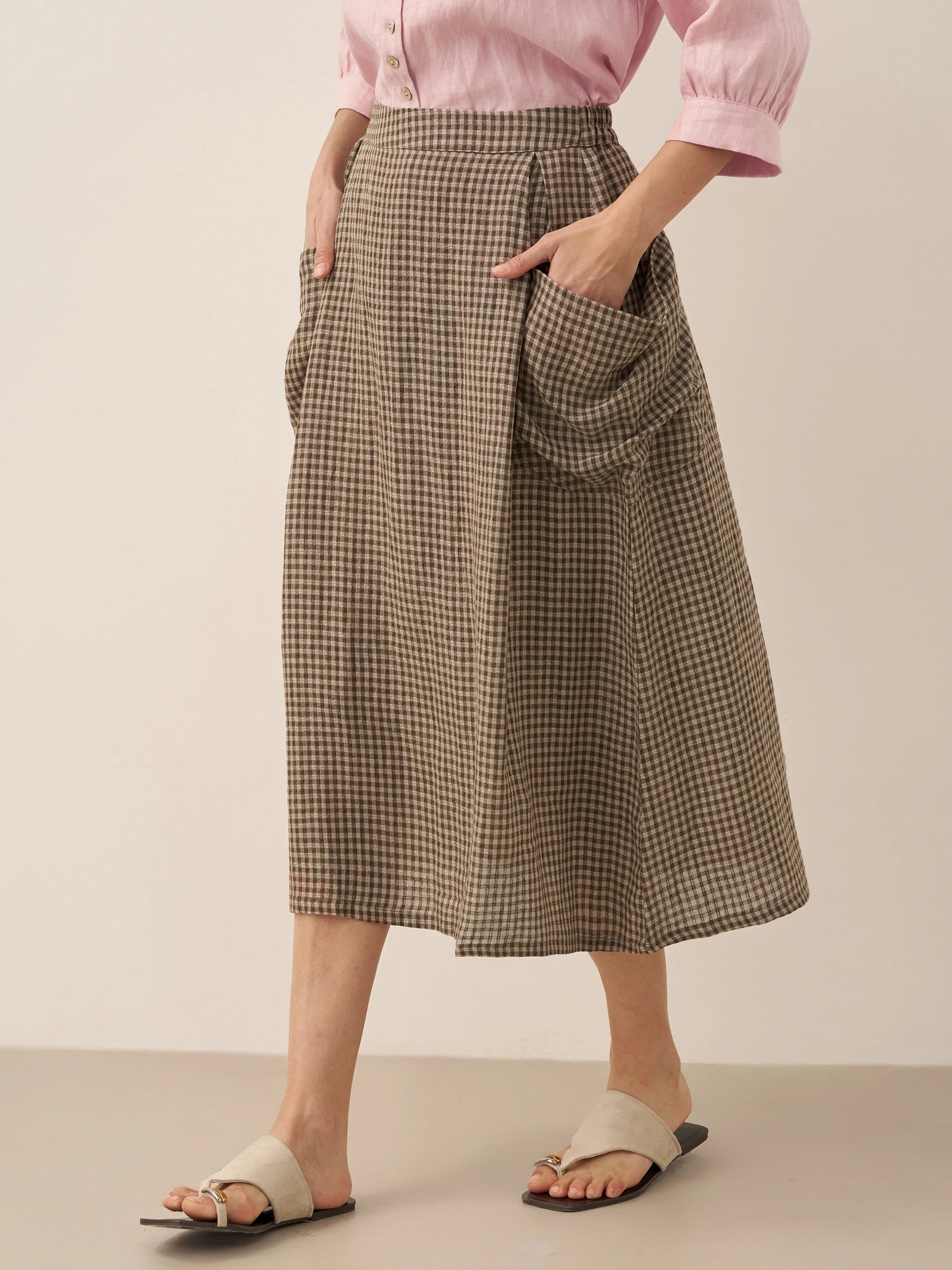 Linen Checked Elastic Waist Skirt ONYX Linen Checked Elastic Waist Skirt ONYX