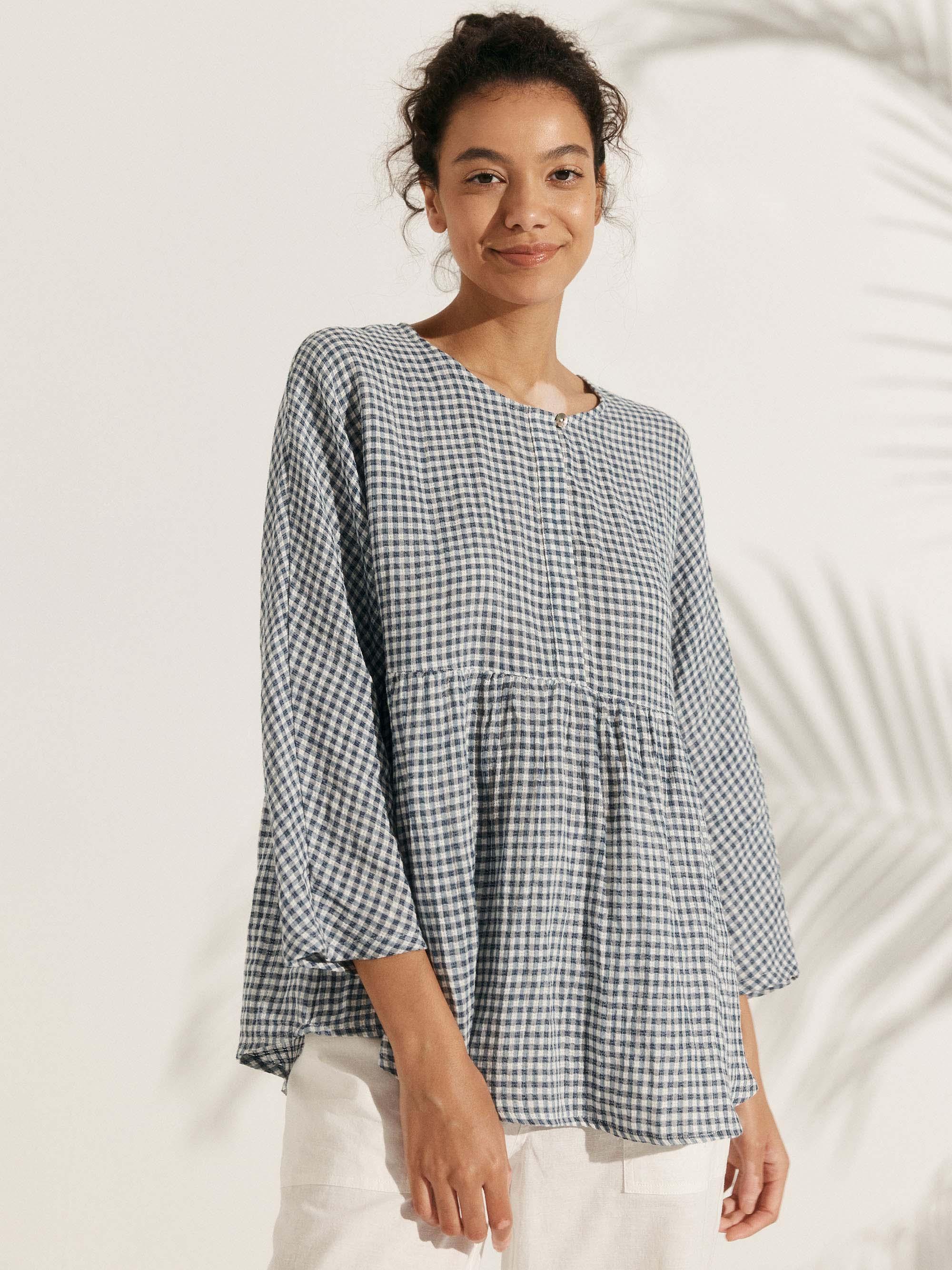 Linen Checked Long-Sleeved Top CAROLINE Linen Checked Long-Sleeved Top CAROLINE