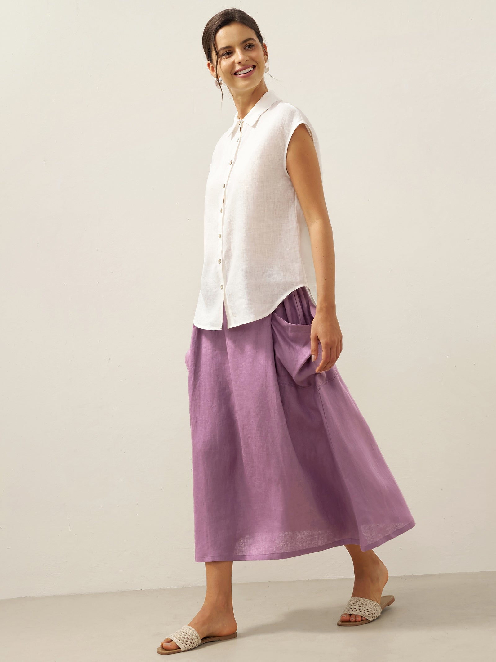 Linen Checked Elastic Waist Skirt ONYX Linen Checked Elastic Waist Skirt ONYX