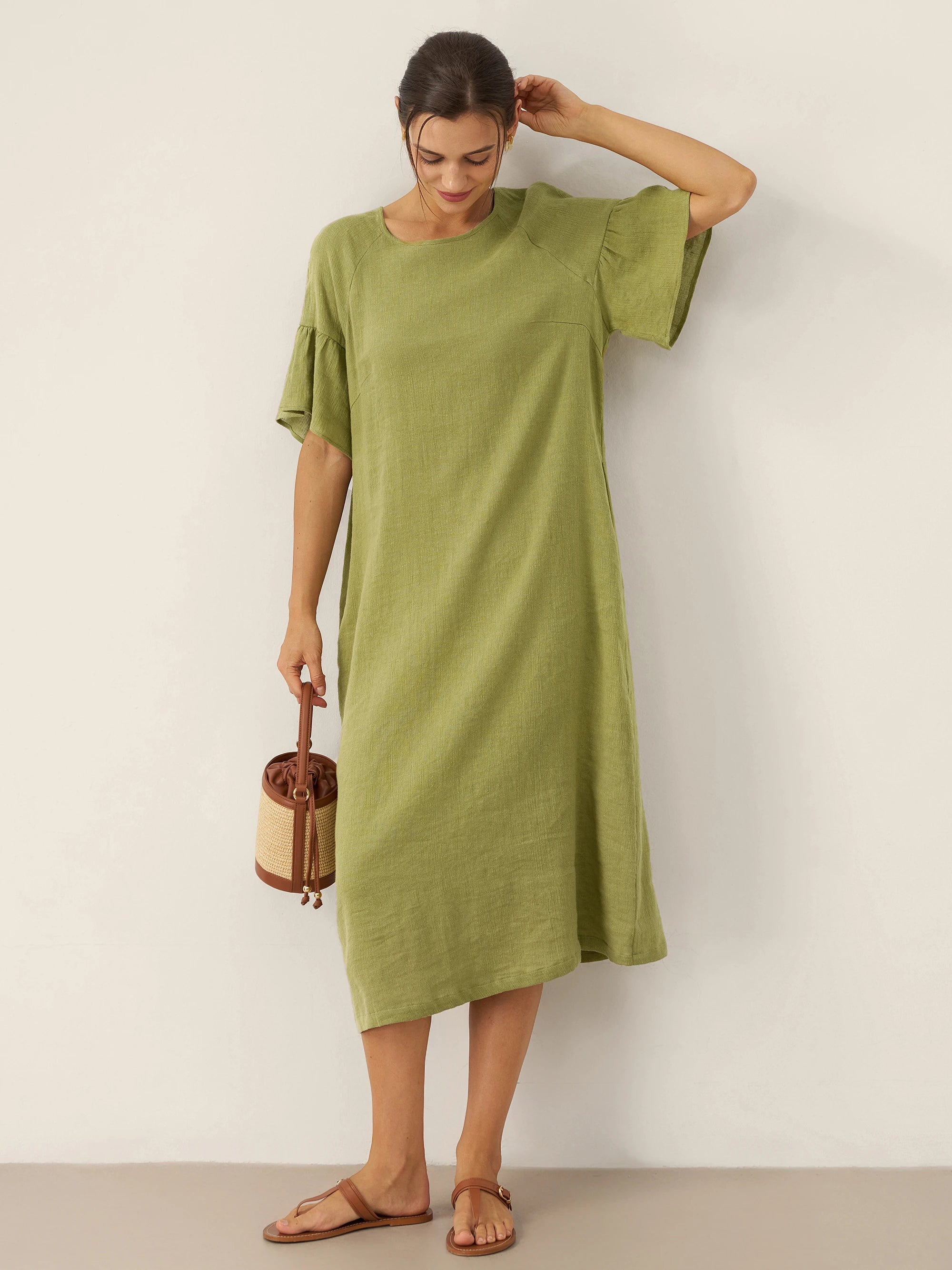 Linen Round Neck Flutter Sleeve Maxi Dress WINNIE Linen Round Neck Flutter Sleeve Maxi Dress WINNIE