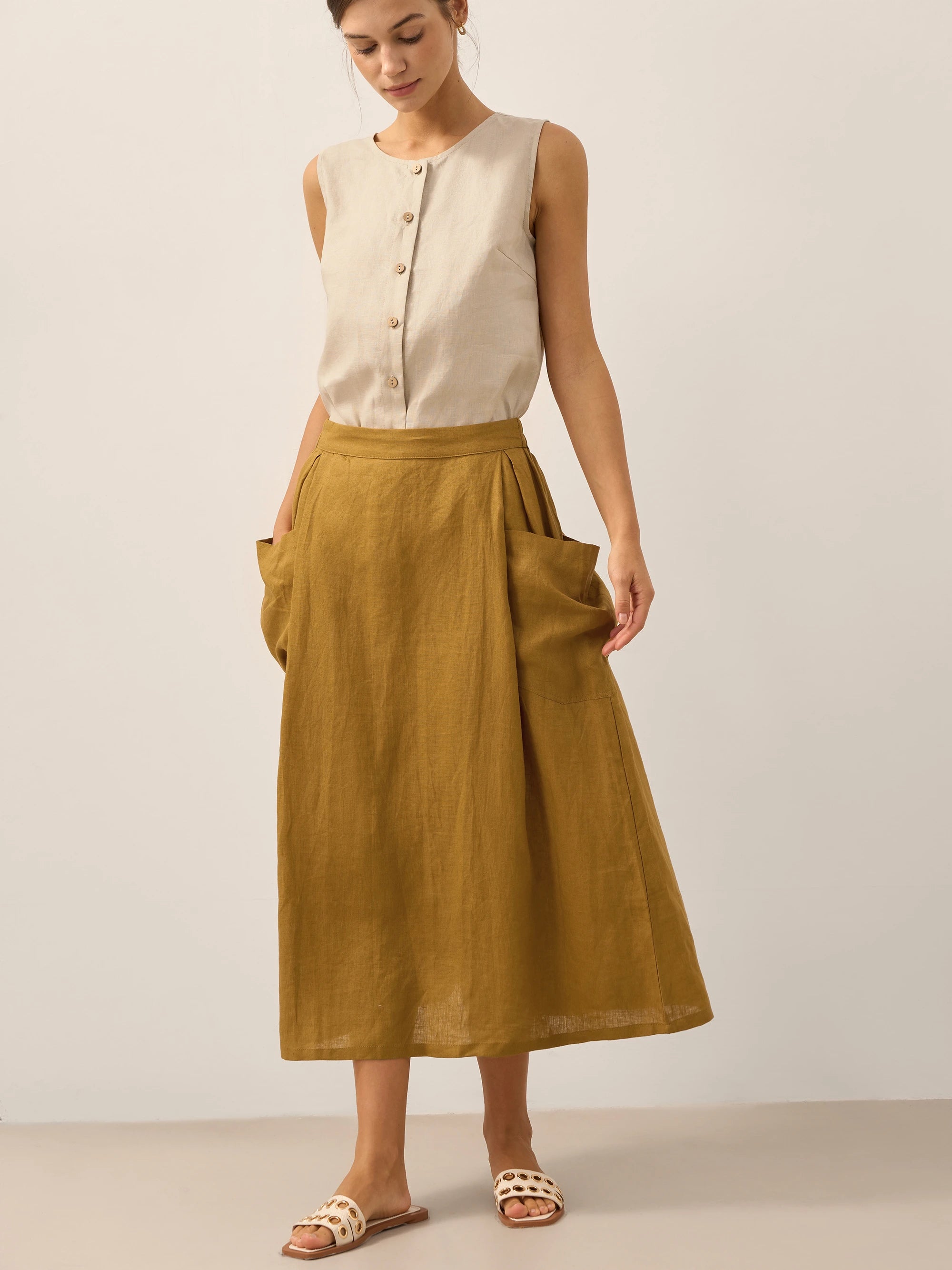 Linen Checked Elastic Waist Skirt ONYX Linen Checked Elastic Waist Skirt ONYX