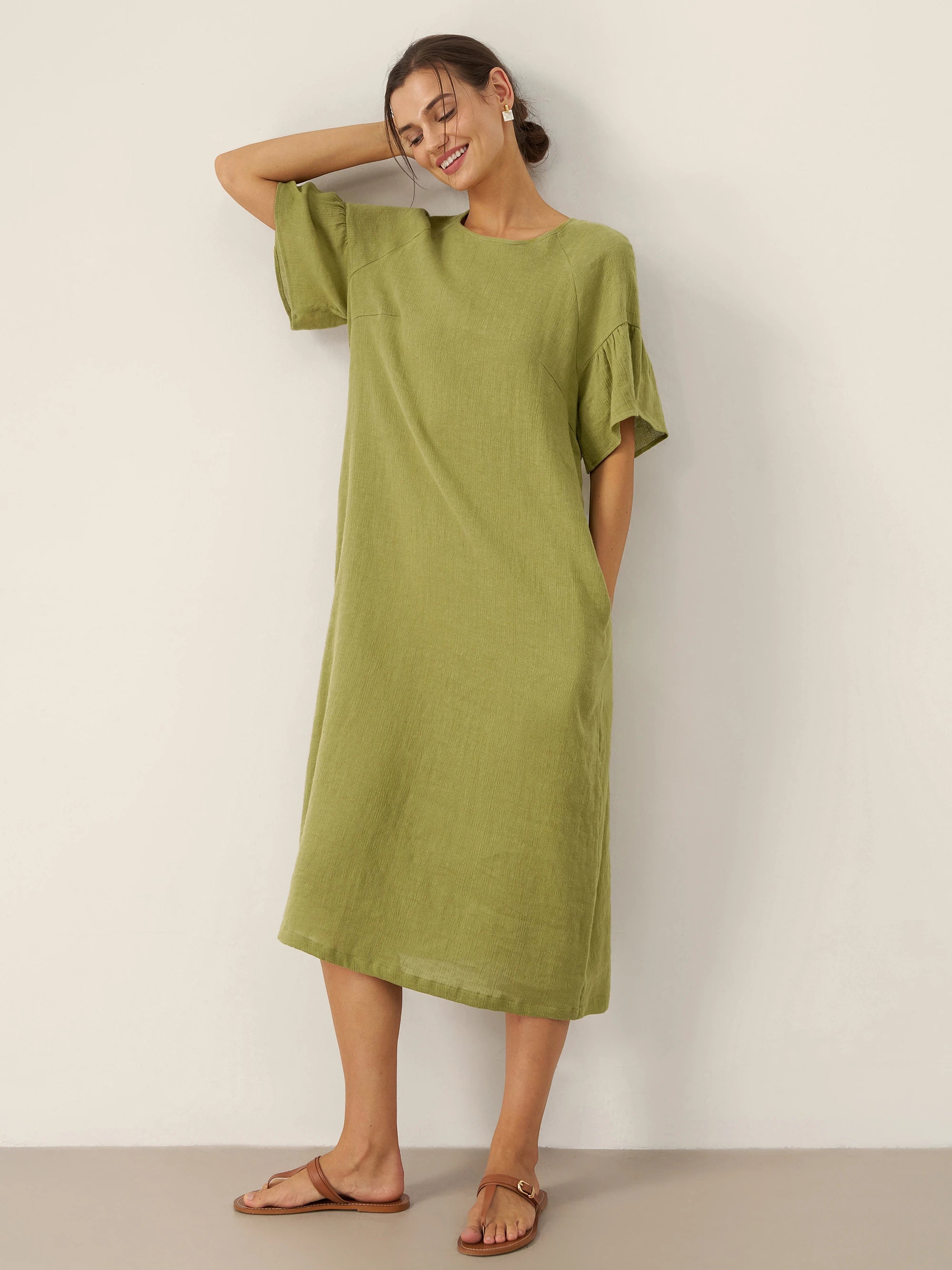 Linen Round Neck Flutter Sleeve Maxi Dress WINNIE Linen Round Neck Flutter Sleeve Maxi Dress WINNIE