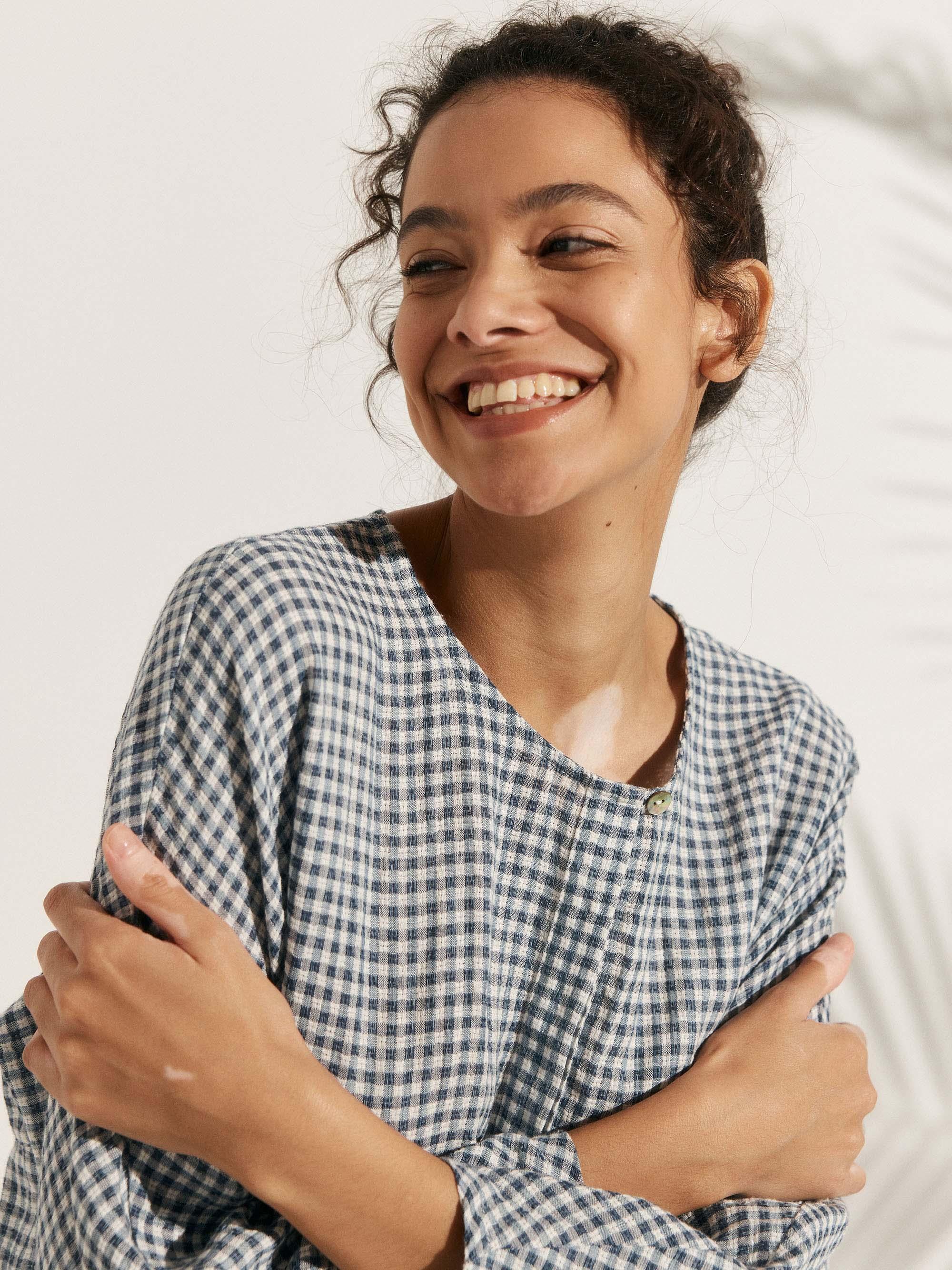 Linen Checked Long-Sleeved Top CAROLINE Linen Checked Long-Sleeved Top CAROLINE