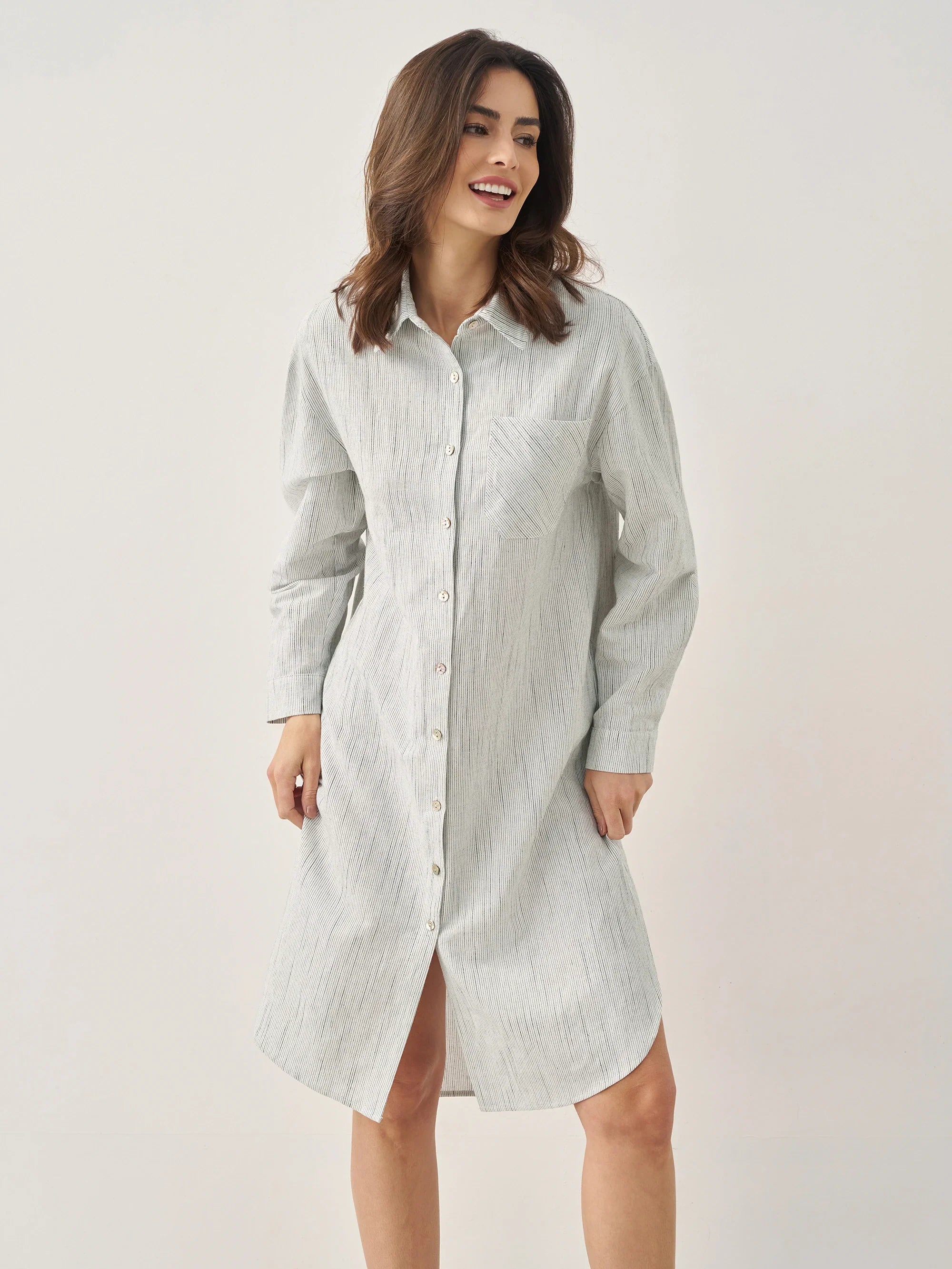 Linen Button-Front Artistic Stripe Shirt Dress JULIA Linen Button-Front Artistic Stripe Shirt Dress JULIA
