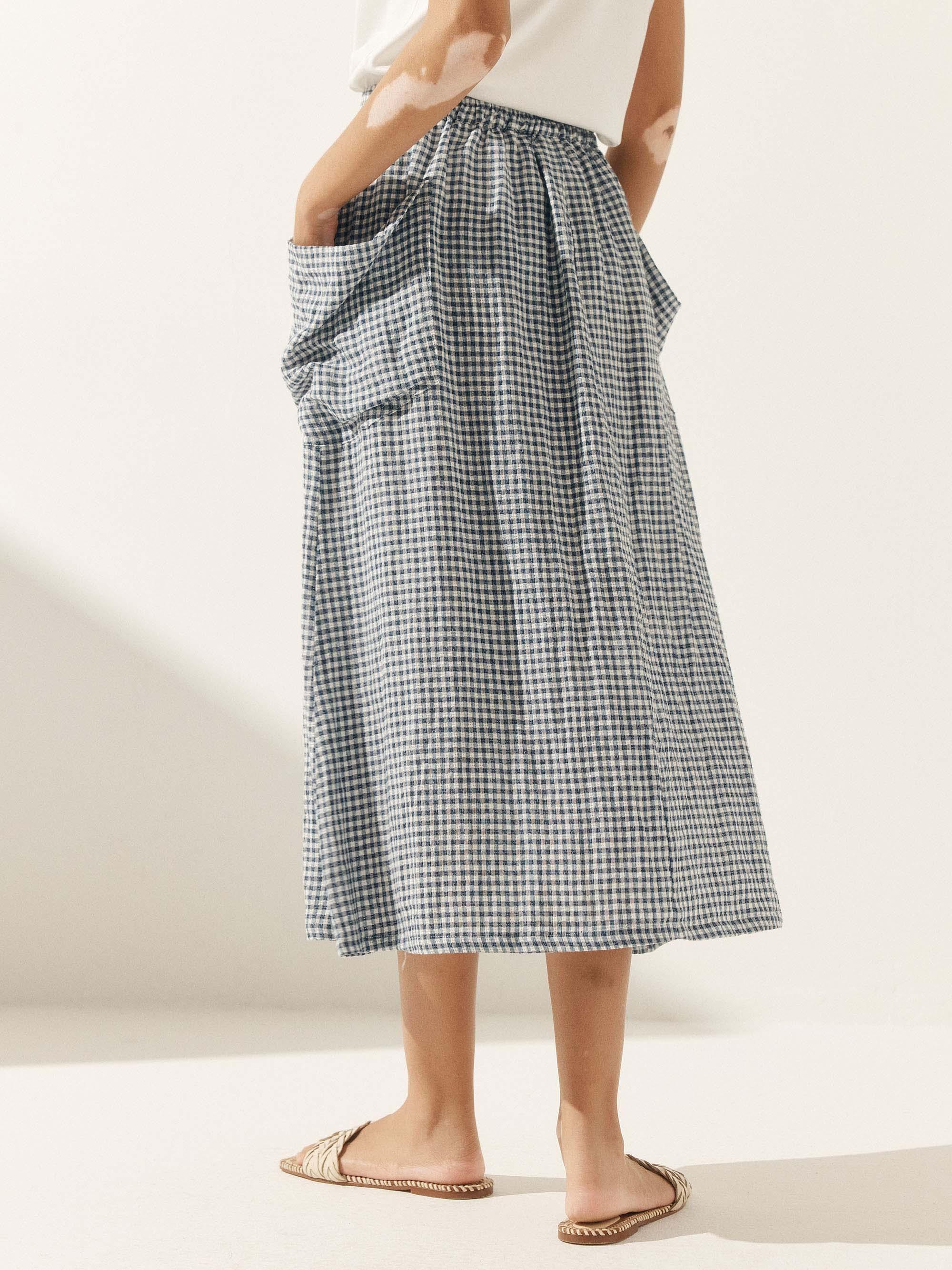Linen Checked Elastic Waist Skirt ONYX Linen Checked Elastic Waist Skirt ONYX
