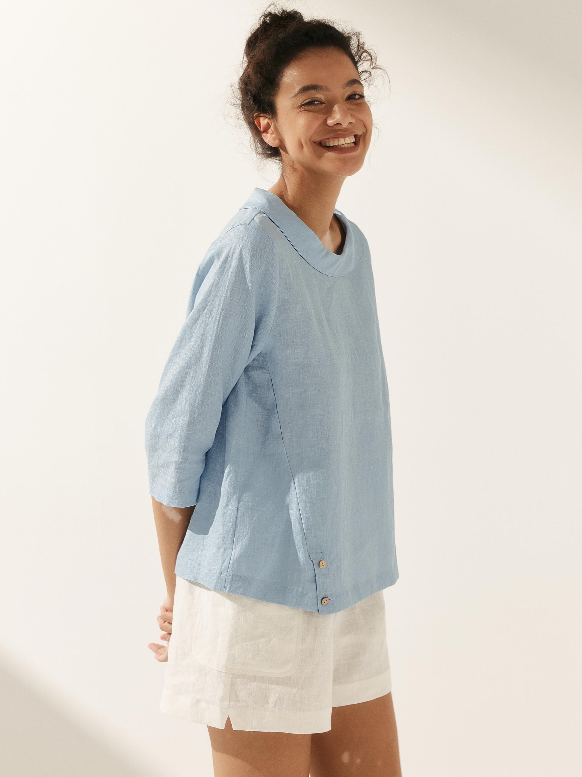 Linen Gingham Checked Round Soft-Fold Collar Top LAURA Linen Gingham Checked Round Soft-Fold Collar Top LAURA