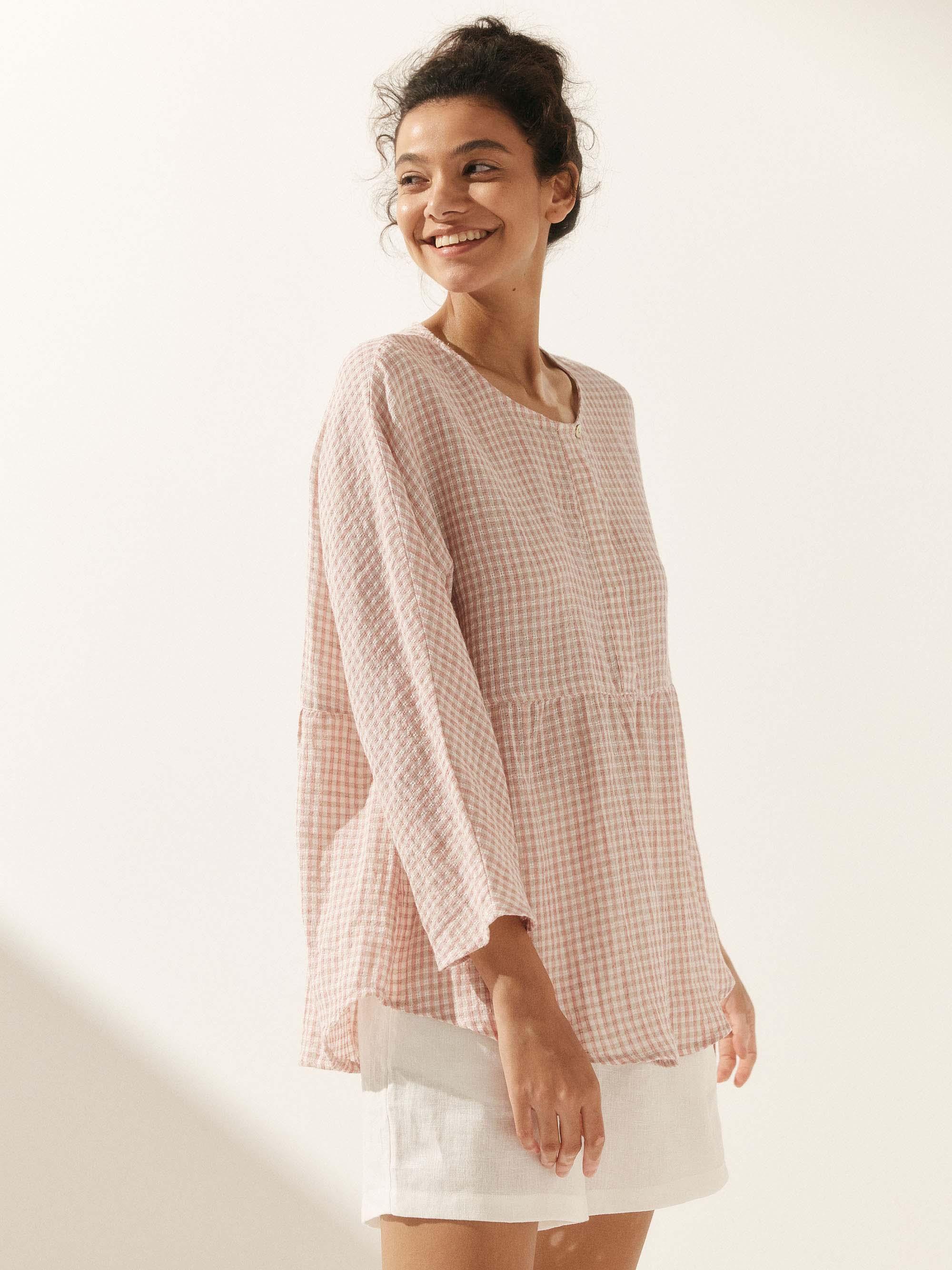 Linen Checked Long-Sleeved Top CAROLINE Linen Checked Long-Sleeved Top CAROLINE