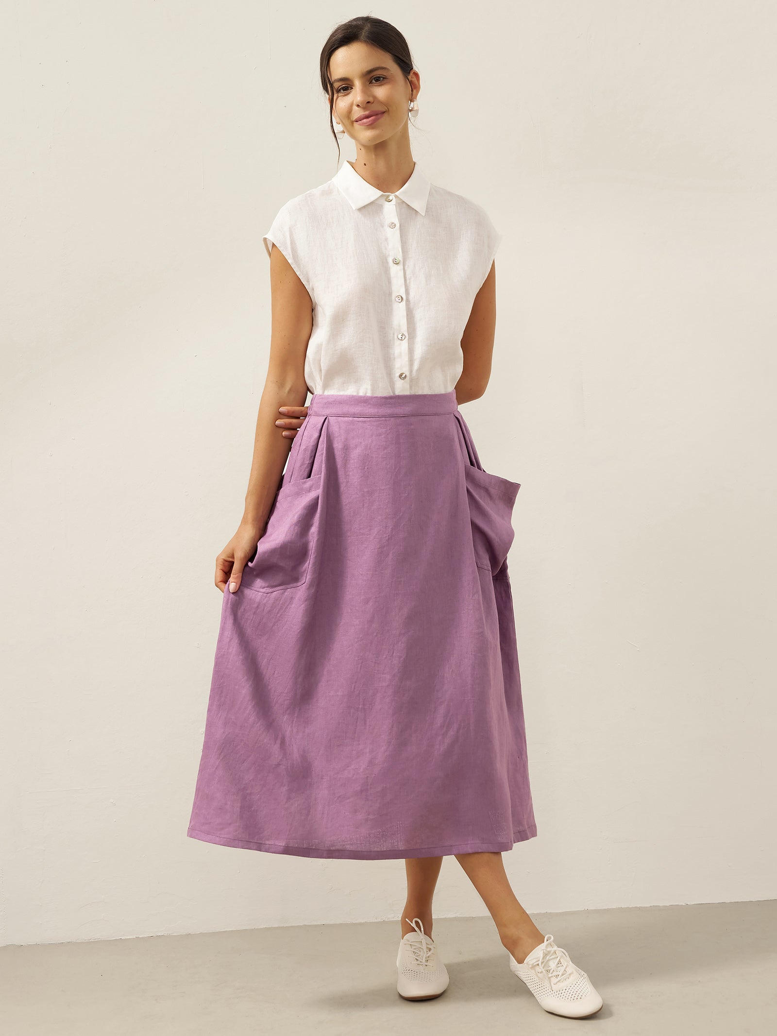 Linen Checked Elastic Waist Skirt ONYX Linen Checked Elastic Waist Skirt ONYX