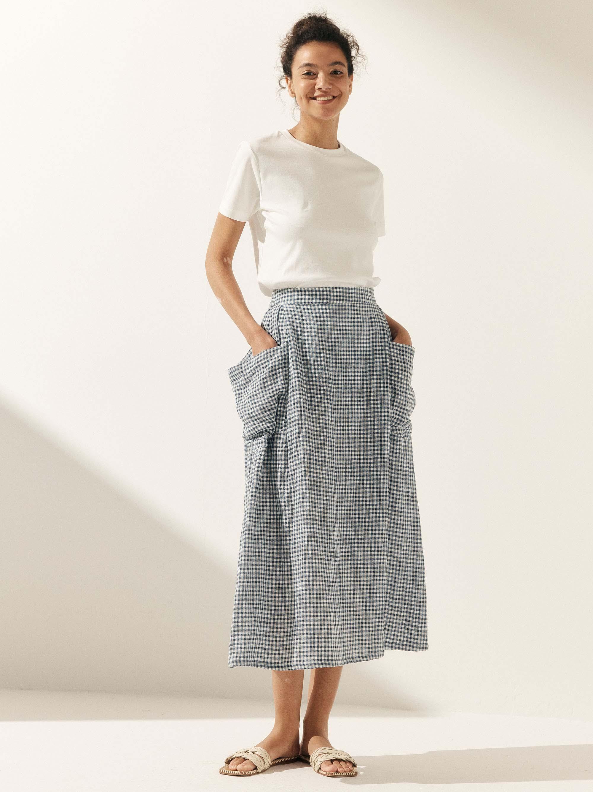 Linen Checked Elastic Waist Skirt ONYX Linen Checked Elastic Waist Skirt ONYX
