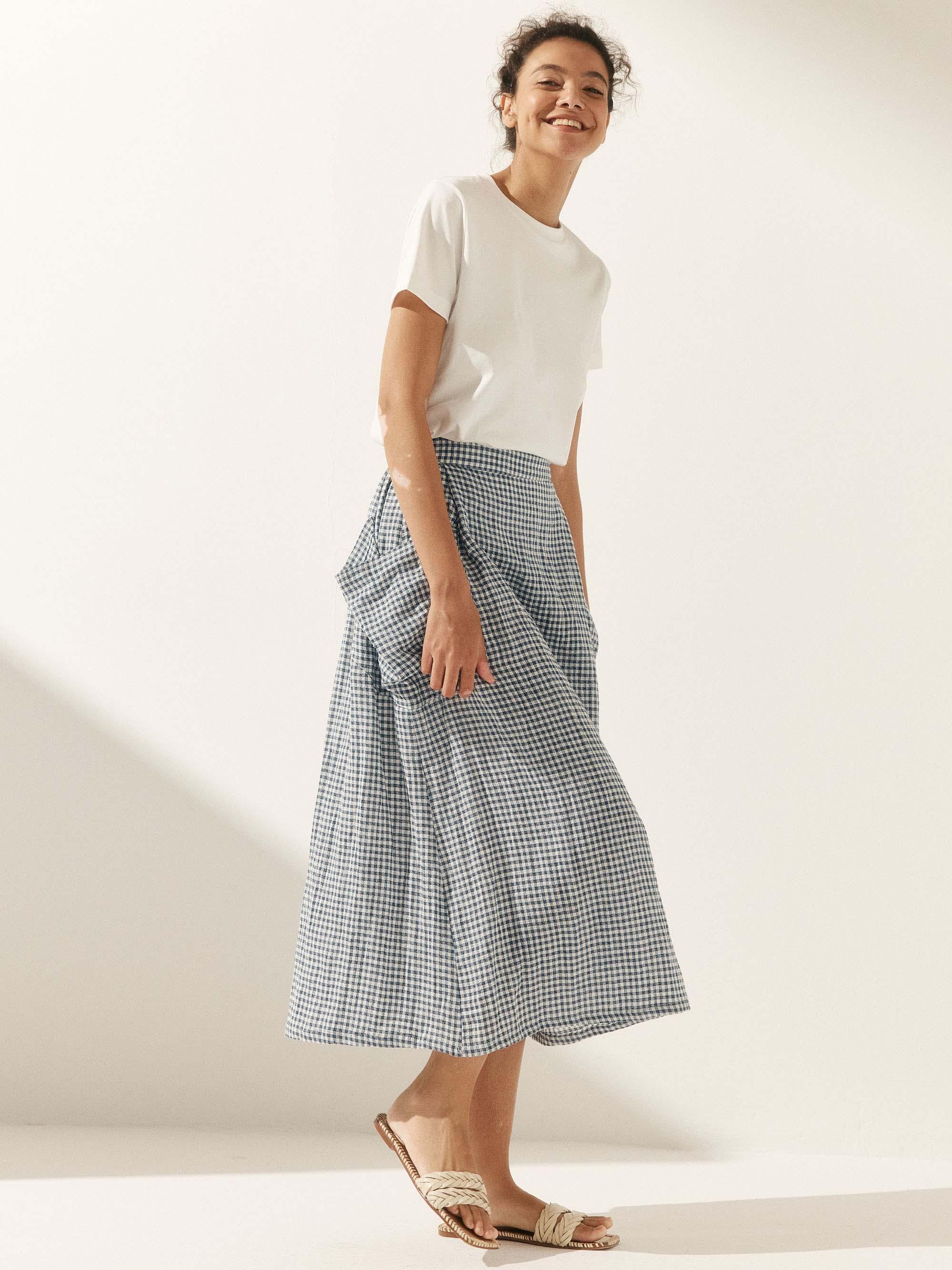 Linen Checked Elastic Waist Skirt ONYX Linen Checked Elastic Waist Skirt ONYX