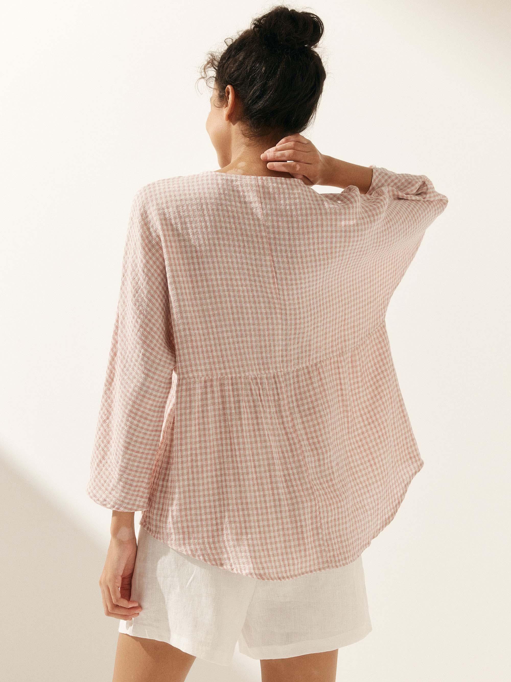 Linen Checked Long-Sleeved Top CAROLINE Linen Checked Long-Sleeved Top CAROLINE