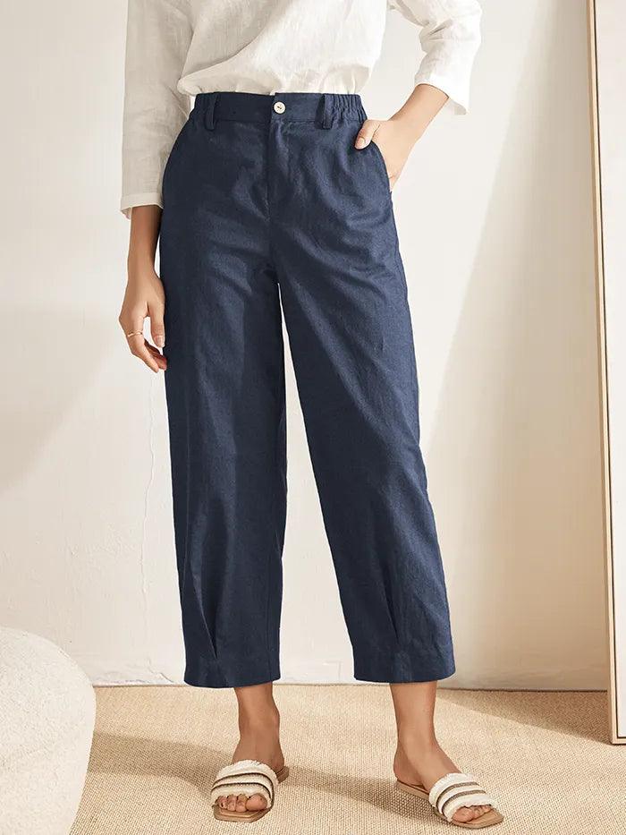 Linen Pocketed Straight-Leg Ankle Pants NINA Linen Pocketed Straight-Leg Ankle Pants NINA