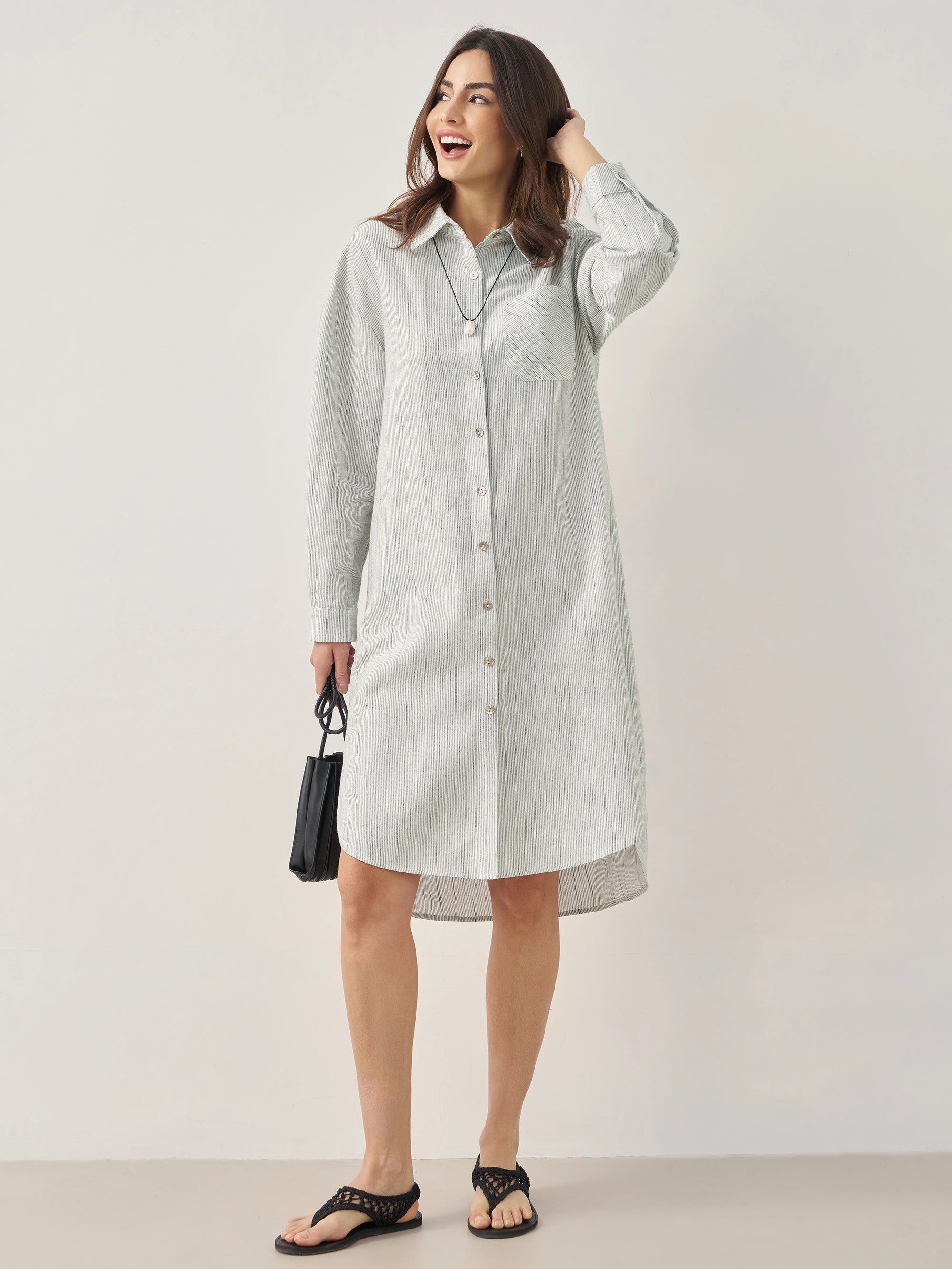 Linen Button-Front Artistic Stripe Shirt Dress JULIA Linen Button-Front Artistic Stripe Shirt Dress JULIA