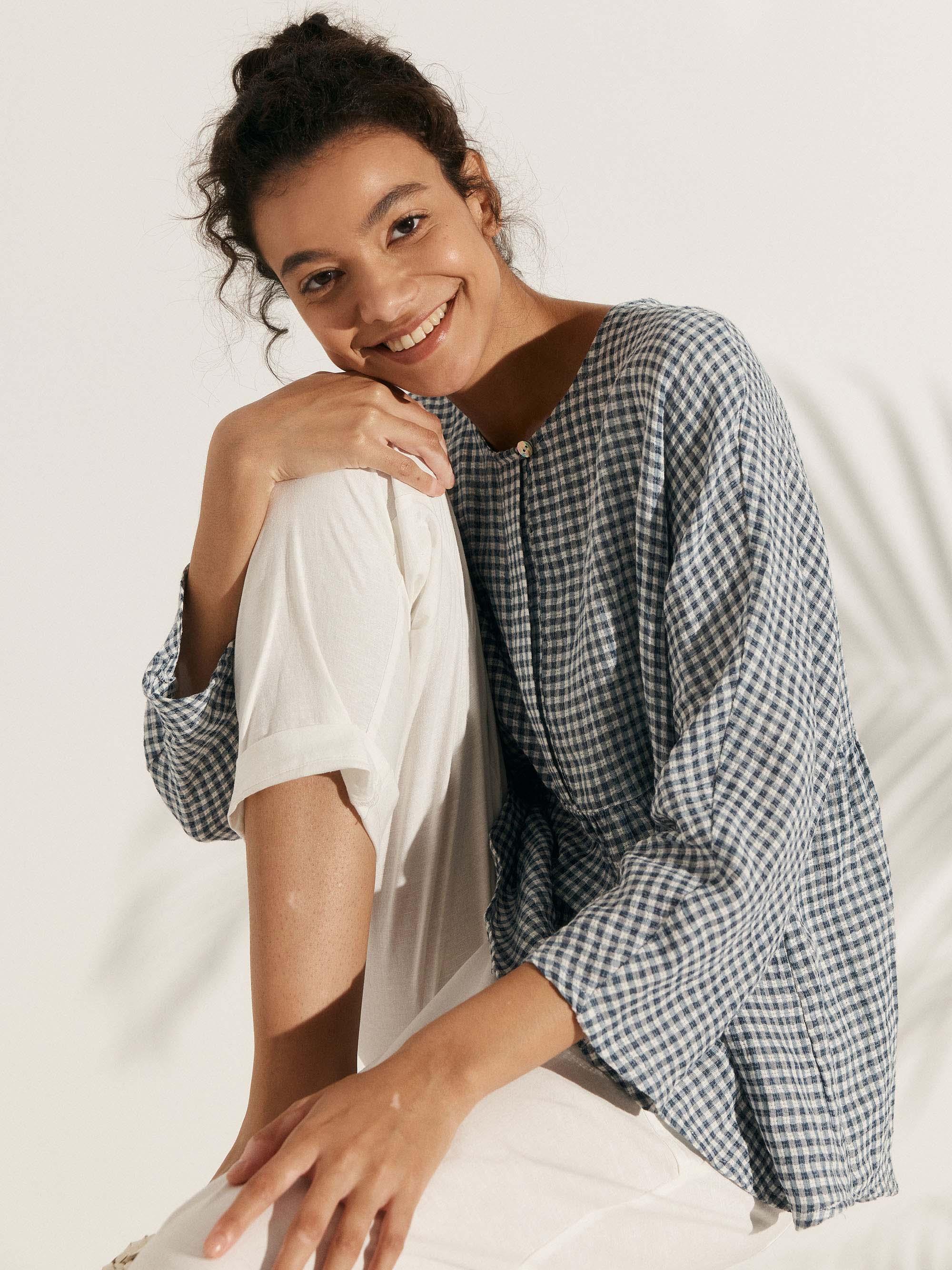 Linen Checked Long-Sleeved Top CAROLINE Linen Checked Long-Sleeved Top CAROLINE