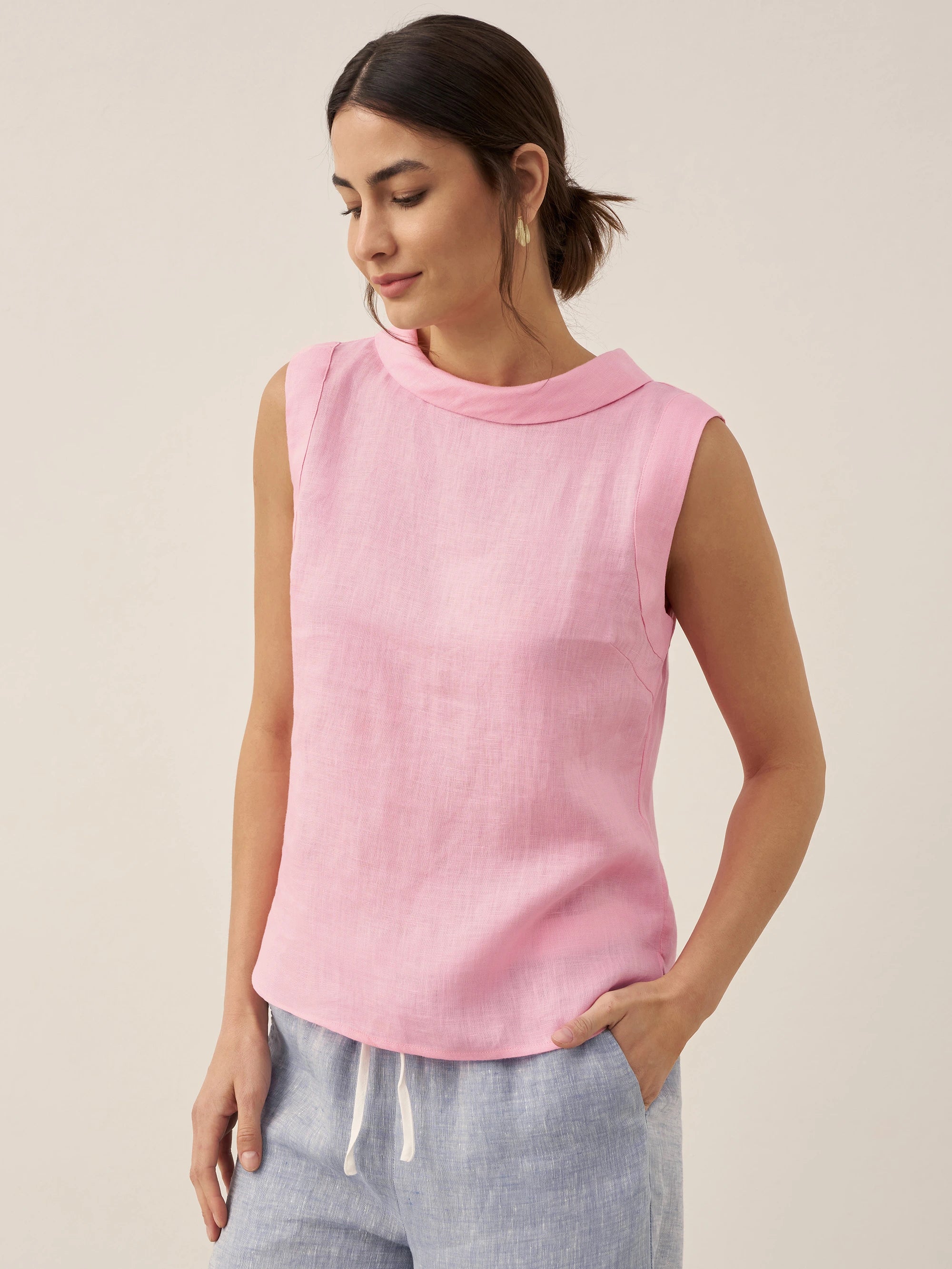 100% Linen Draped Collar Tank Top