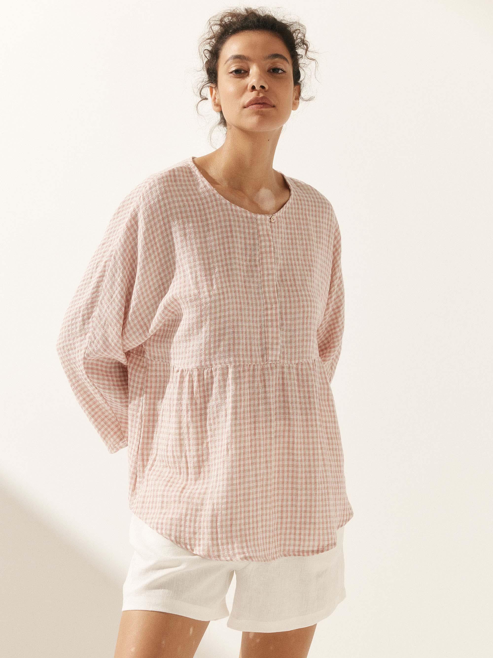 Linen Checked Long-Sleeved Top CAROLINE Linen Checked Long-Sleeved Top CAROLINE