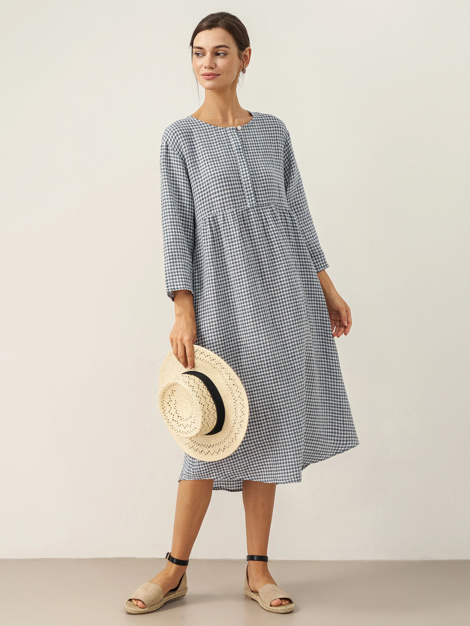 Linen Check Long Sleeve Midi Dress FIRTH Linen Check Long Sleeve Midi Dress FIRTH
