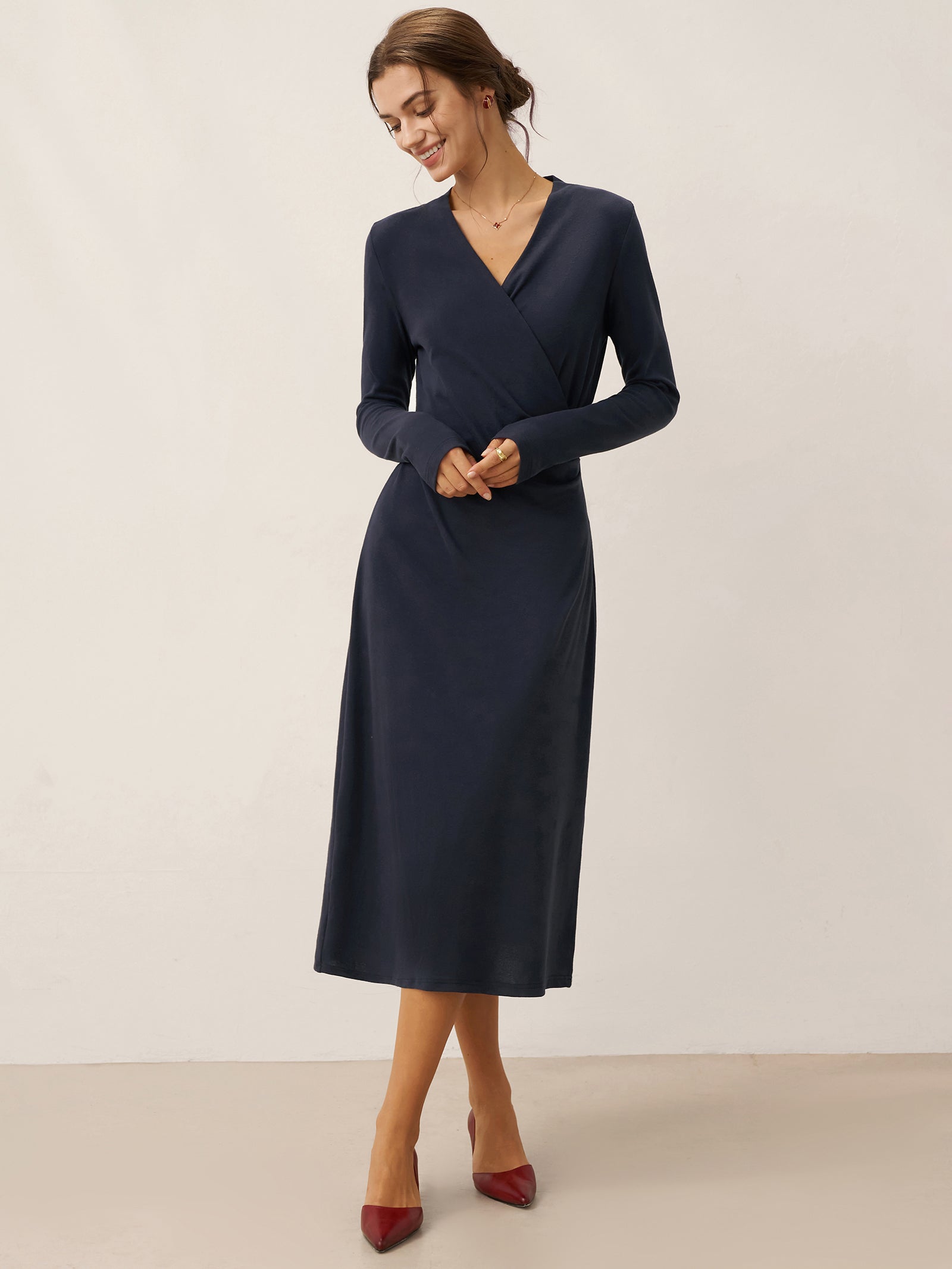 Linen Crossover V-Neck Wrap Stretch Midi Dress MARNIE Linen Crossover V-Neck Wrap Stretch Midi Dress MARNIE