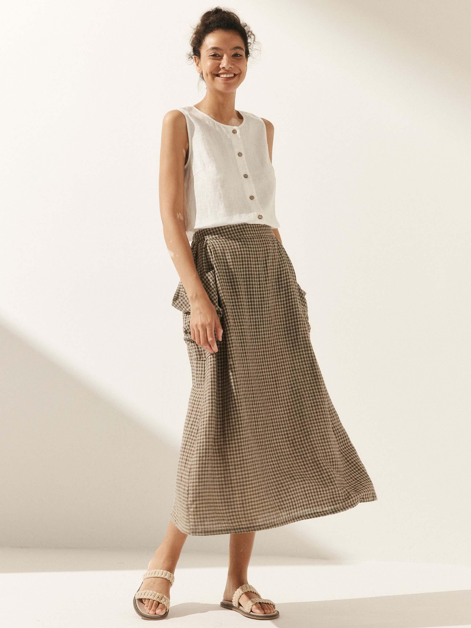 Linen Checked Elastic Waist Skirt ONYX Linen Checked Elastic Waist Skirt ONYX