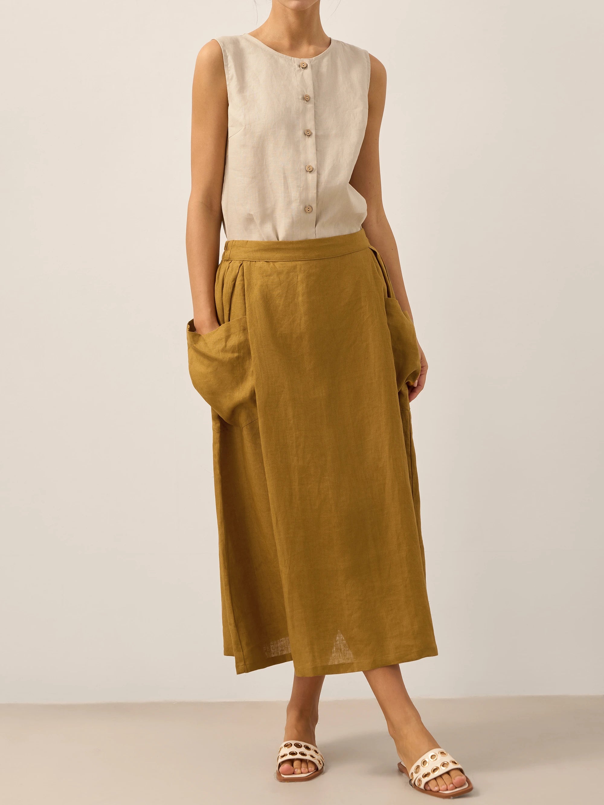 Linen Checked Elastic Waist Skirt ONYX Linen Checked Elastic Waist Skirt ONYX