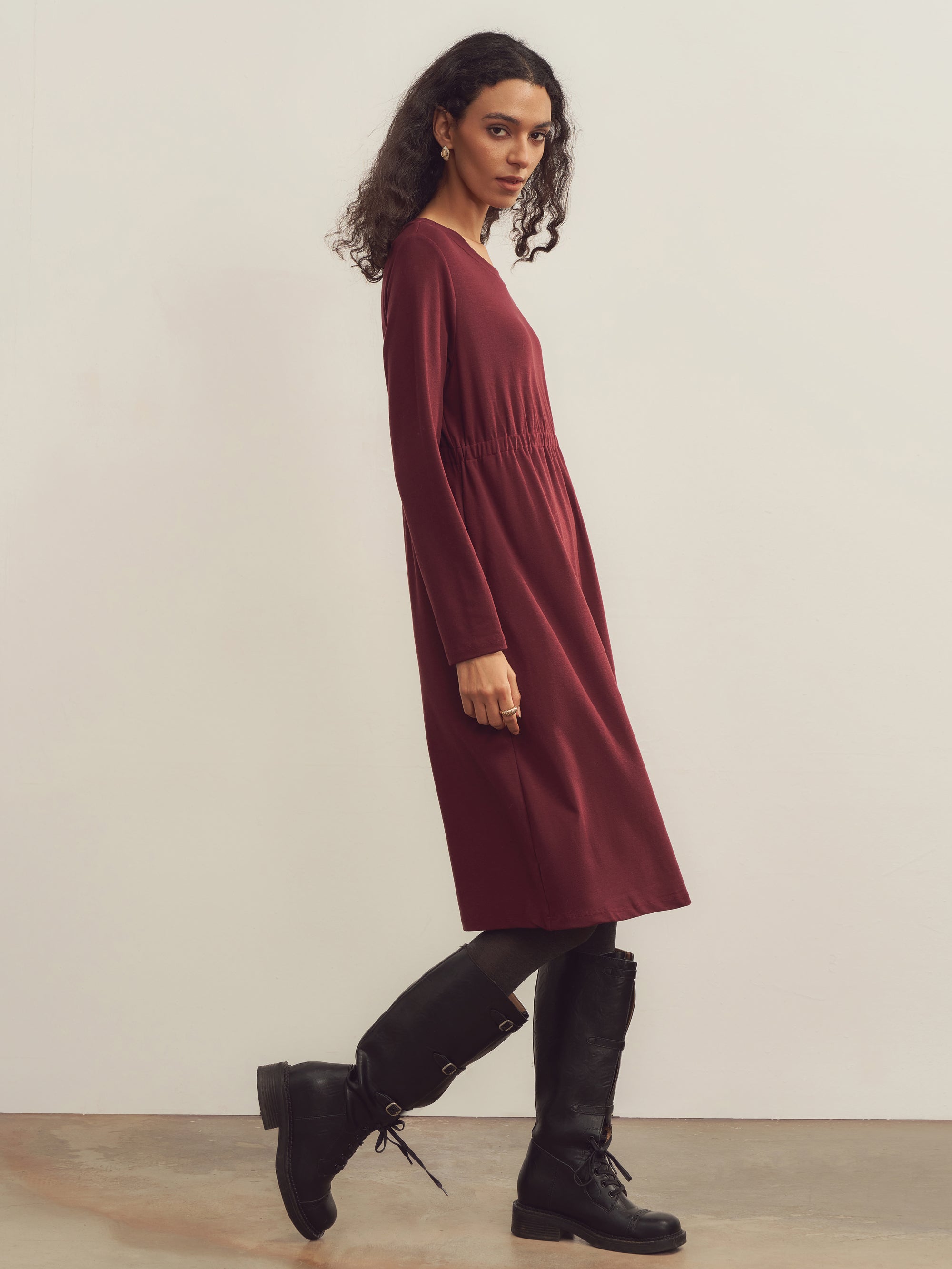 Merino Wool Waist Shirring-Detail Dress Merino Wool Waist Shirring-Detail Dress