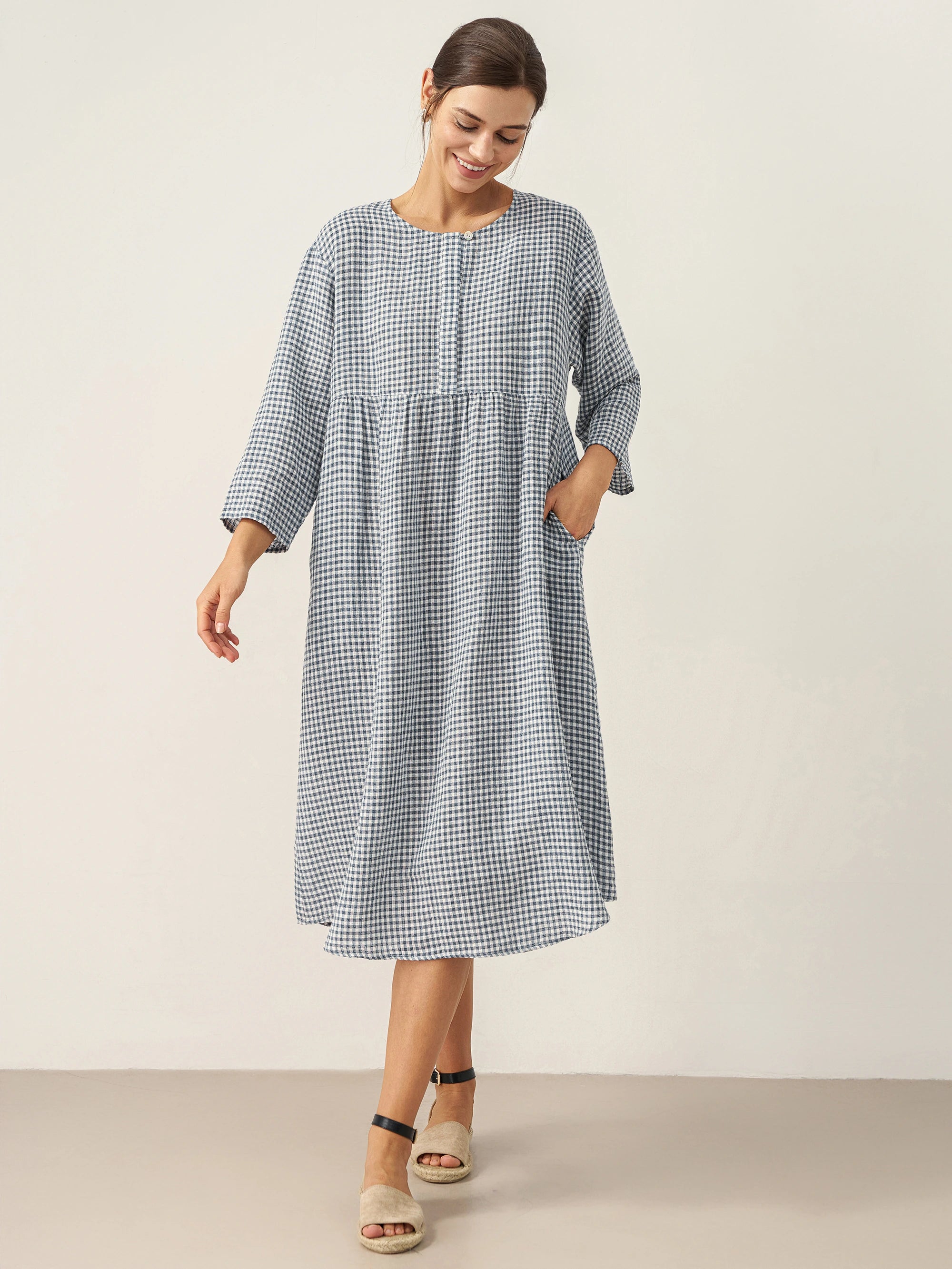 Linen Check Long Sleeve Midi Dress FIRTH Linen Check Long Sleeve Midi Dress FIRTH