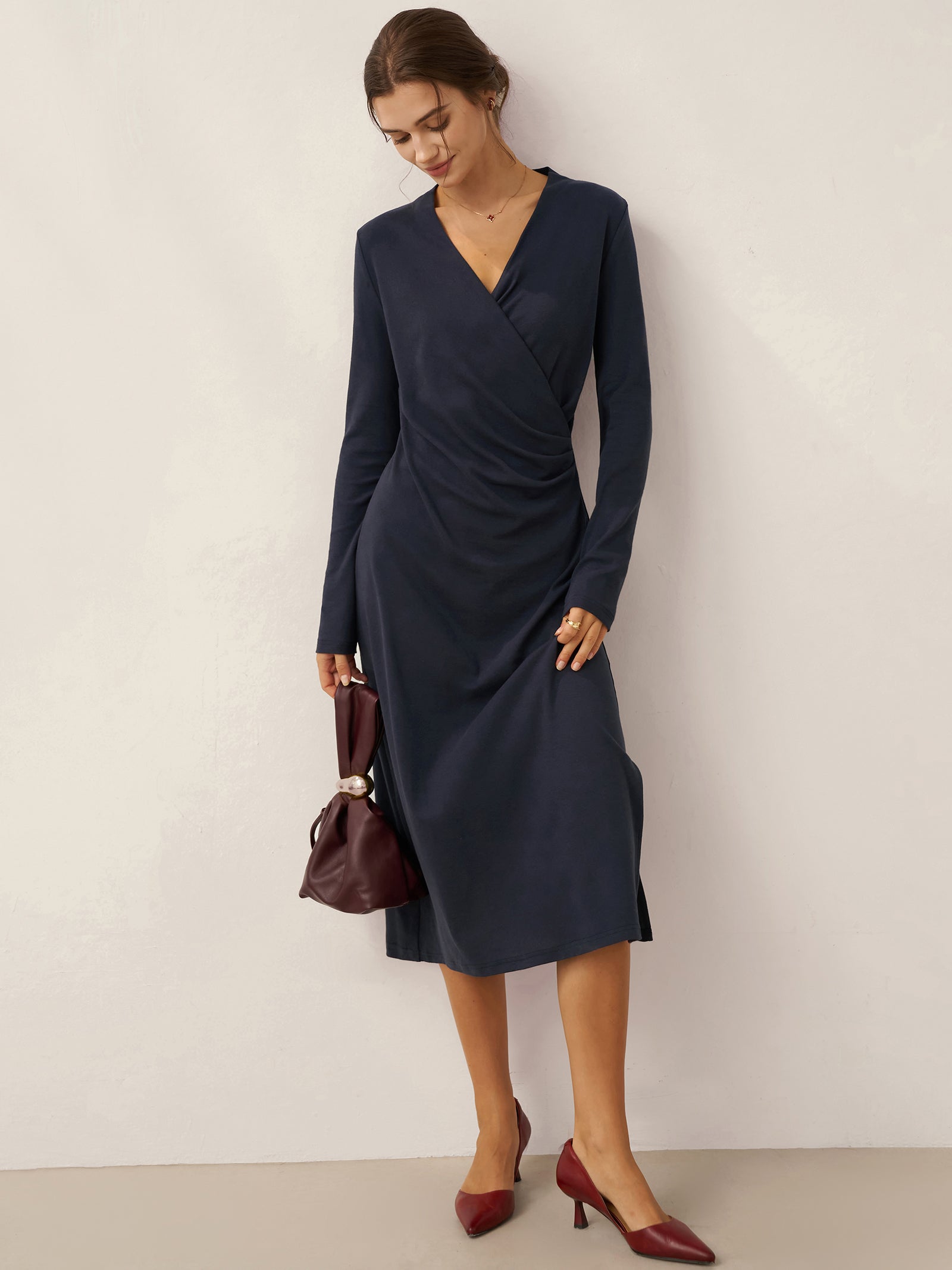 Linen Crossover V-Neck Wrap Stretch Midi Dress MARNIE Linen Crossover V-Neck Wrap Stretch Midi Dress MARNIE