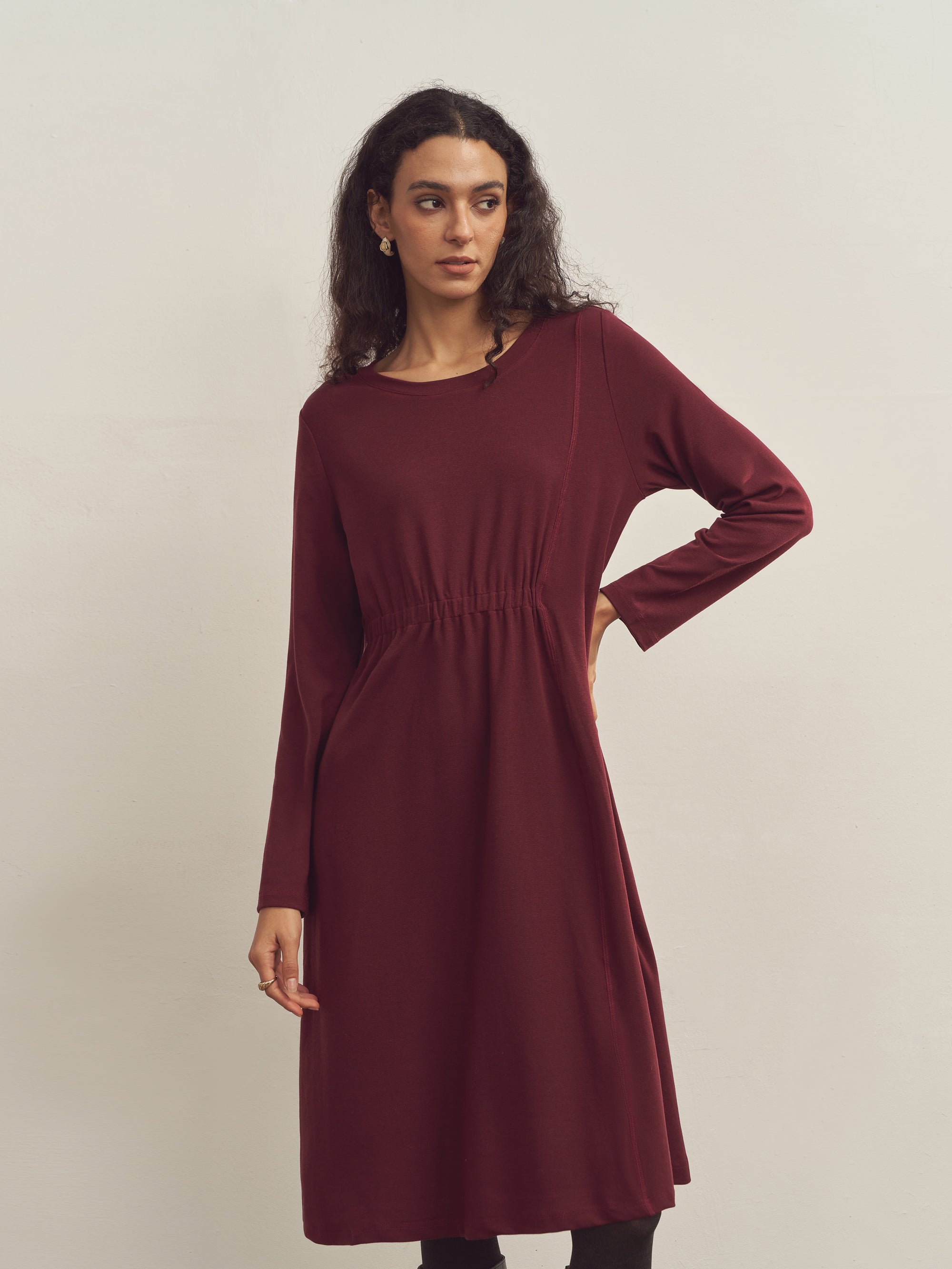 Merino Wool Waist Shirring-Detail Dress Merino Wool Waist Shirring-Detail Dress