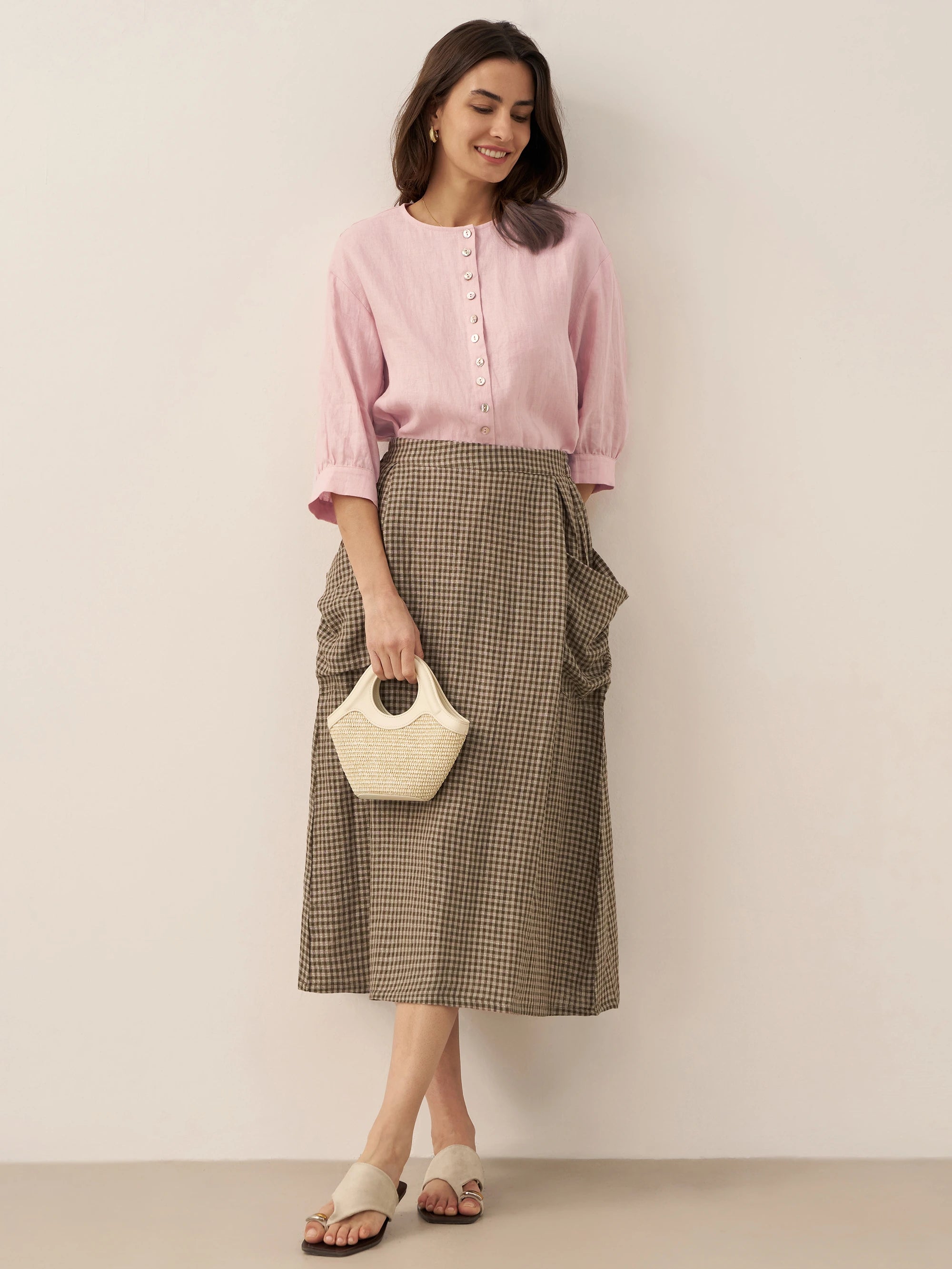 Linen Checked Elastic Waist Skirt ONYX Linen Checked Elastic Waist Skirt ONYX