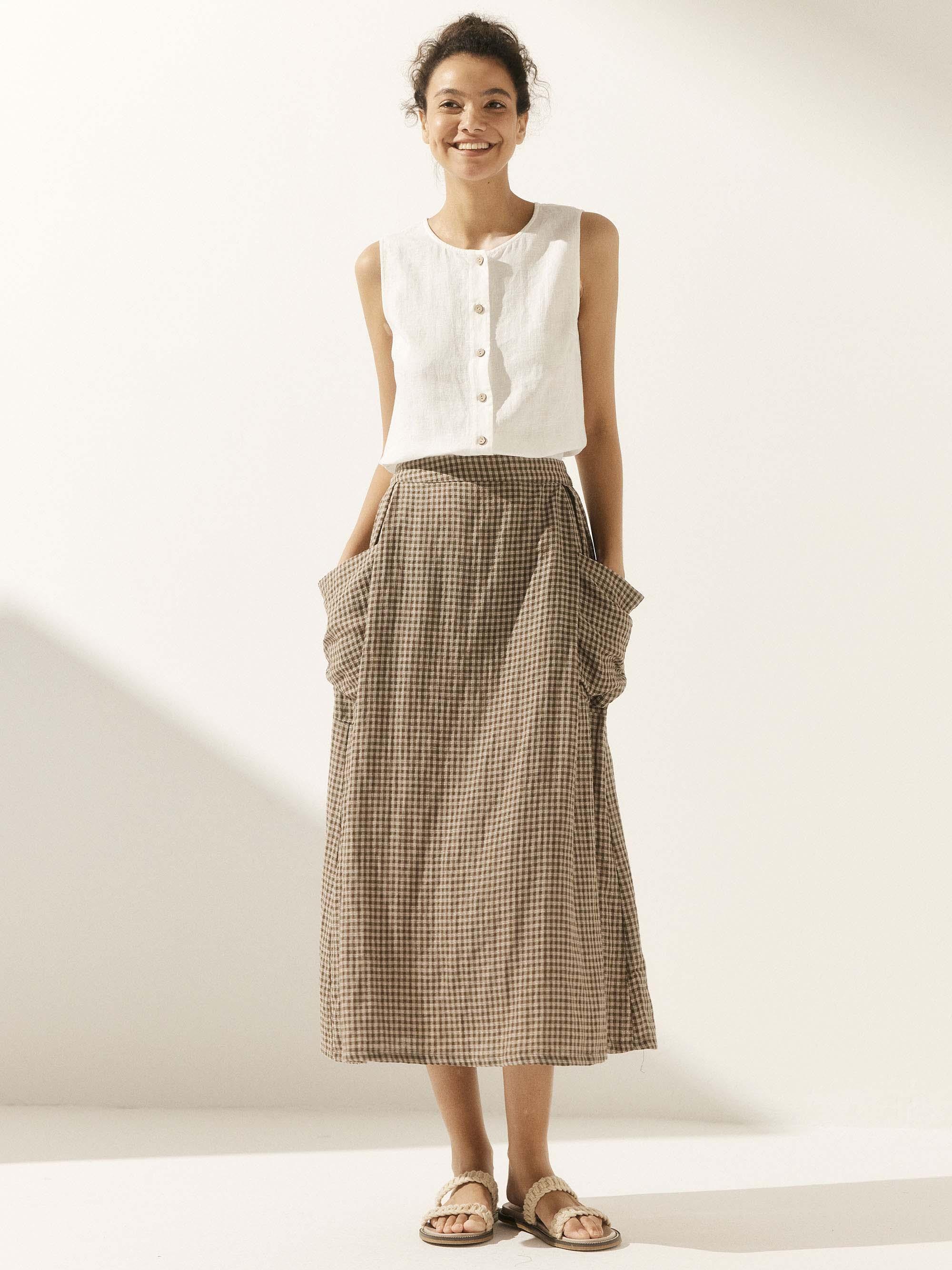 Linen Checked Elastic Waist Skirt ONYX Linen Checked Elastic Waist Skirt ONYX