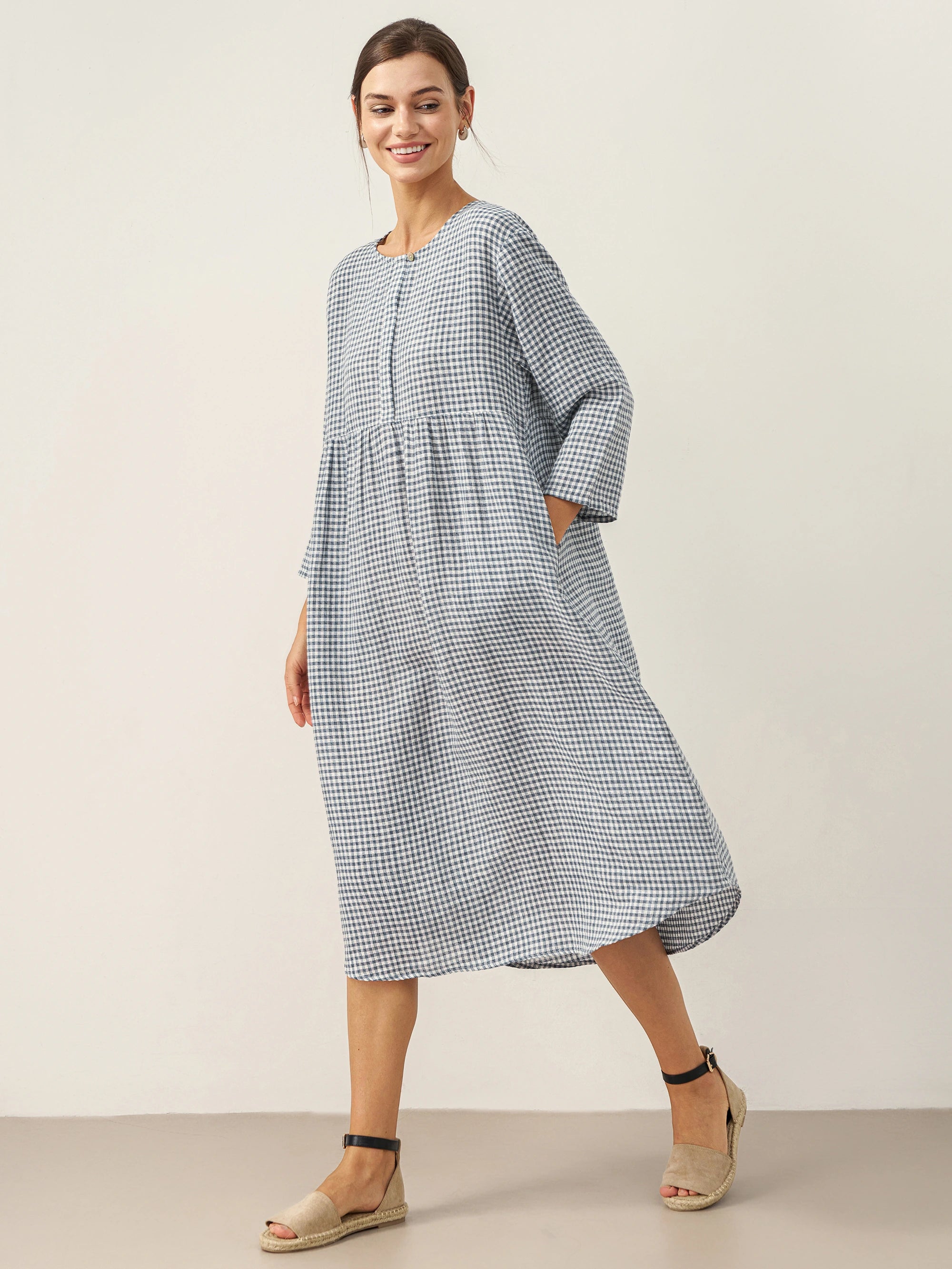 Linen Check Long Sleeve Midi Dress FIRTH Linen Check Long Sleeve Midi Dress FIRTH