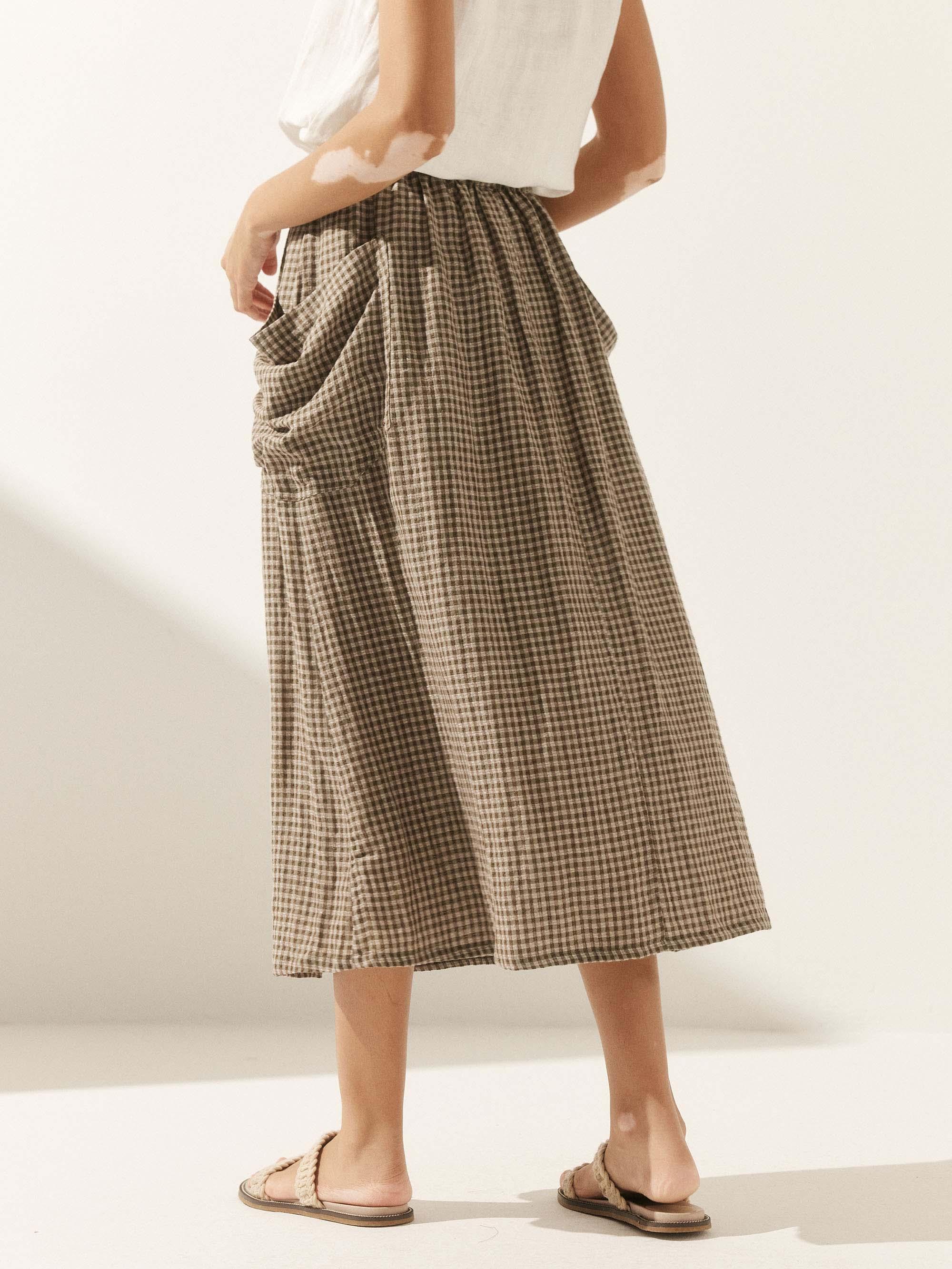 Linen Checked Elastic Waist Skirt ONYX Linen Checked Elastic Waist Skirt ONYX