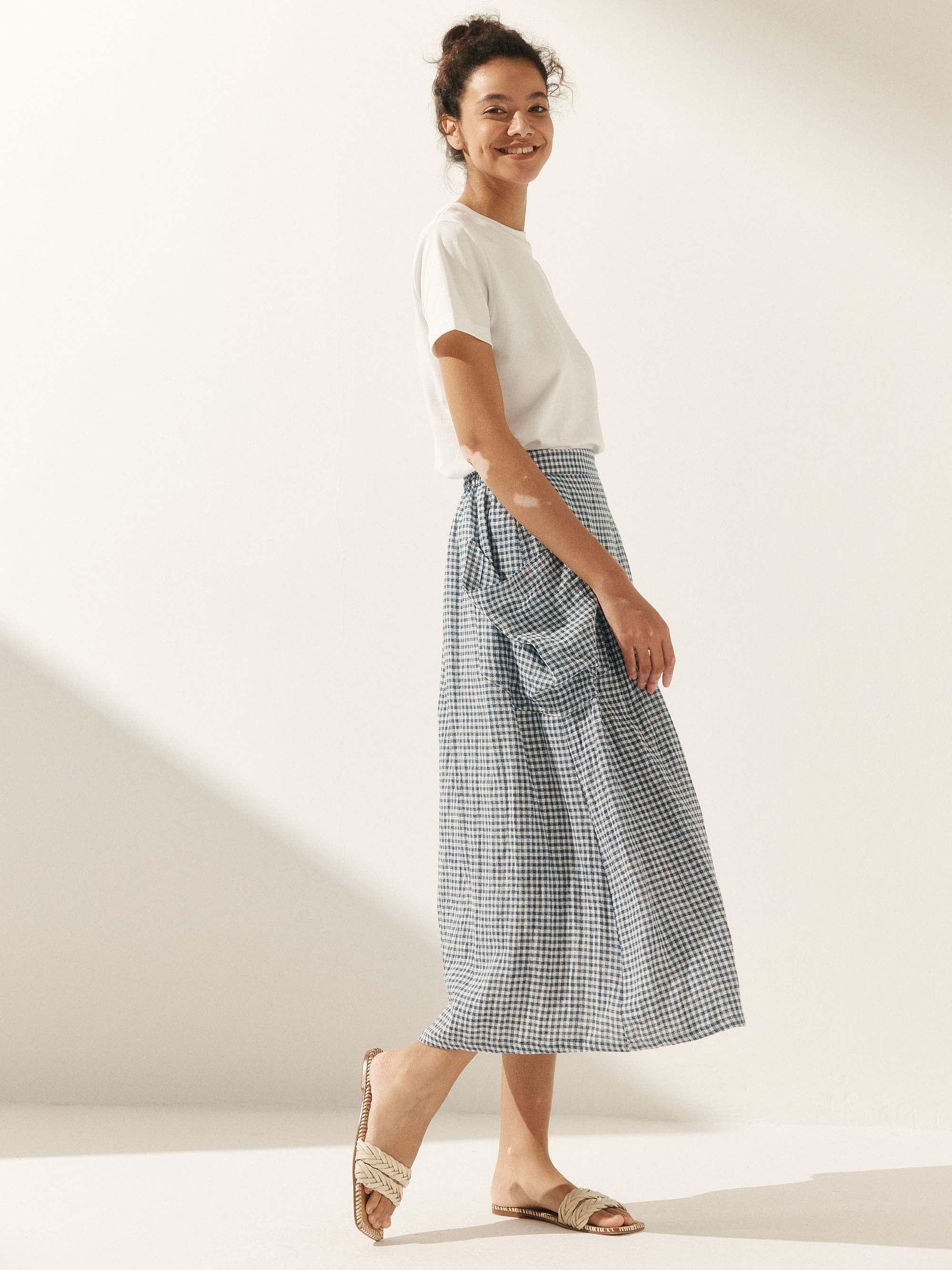Linen Checked Elastic Waist Skirt ONYX Linen Checked Elastic Waist Skirt ONYX