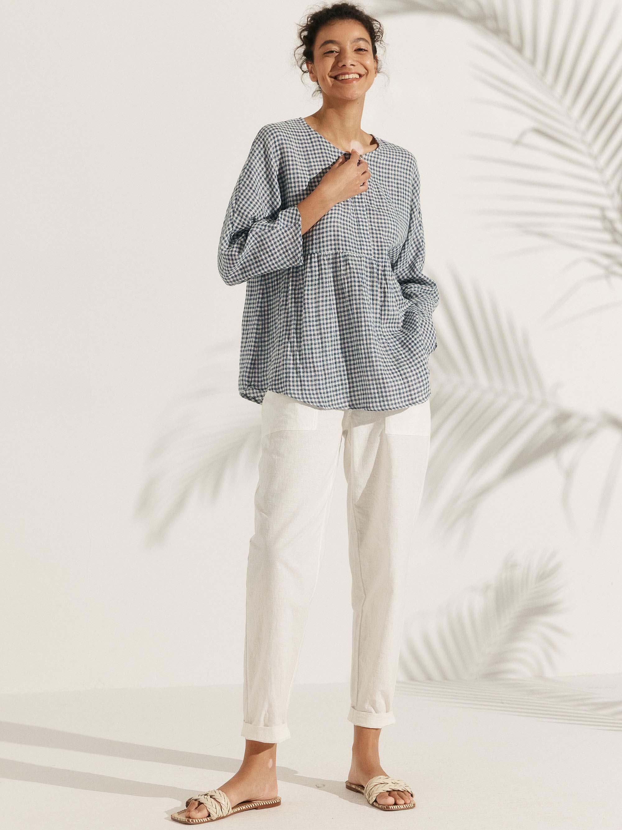 Linen Checked Long-Sleeved Top CAROLINE Linen Checked Long-Sleeved Top CAROLINE
