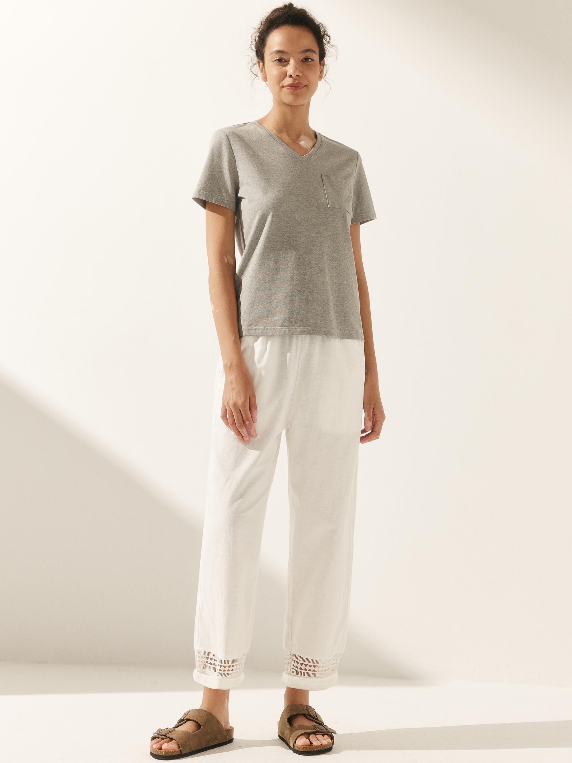 Linen Hollow Lace Stitching Elastic Waist Ankle Length Pants RITA Linen Hollow Lace Stitching Elastic Waist Ankle Length Pants RITA