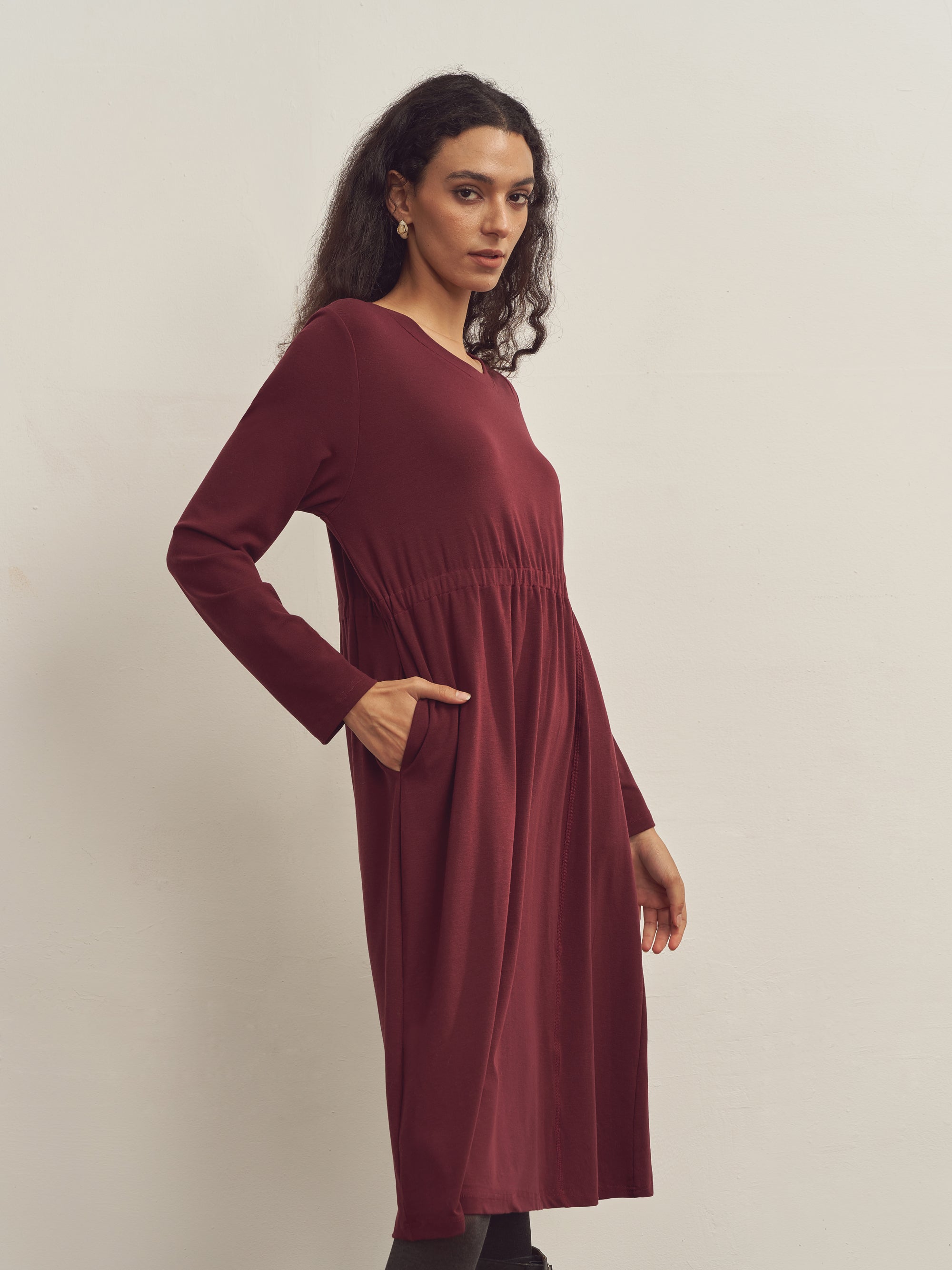 Merino Wool Waist Shirring-Detail Dress Merino Wool Waist Shirring-Detail Dress
