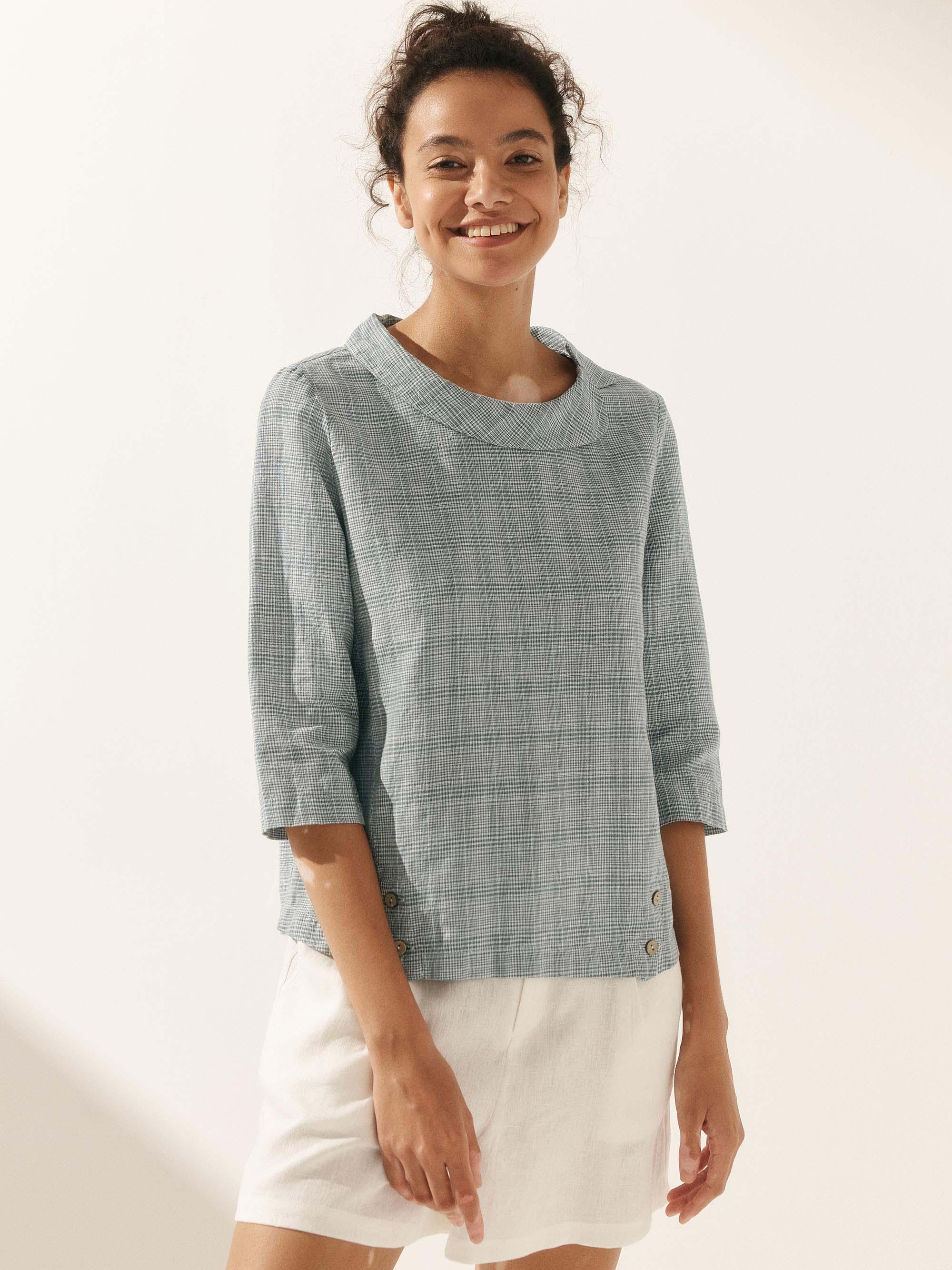 Linen Gingham Checked Round Soft-Fold Collar Top LAURA Linen Gingham Checked Round Soft-Fold Collar Top LAURA